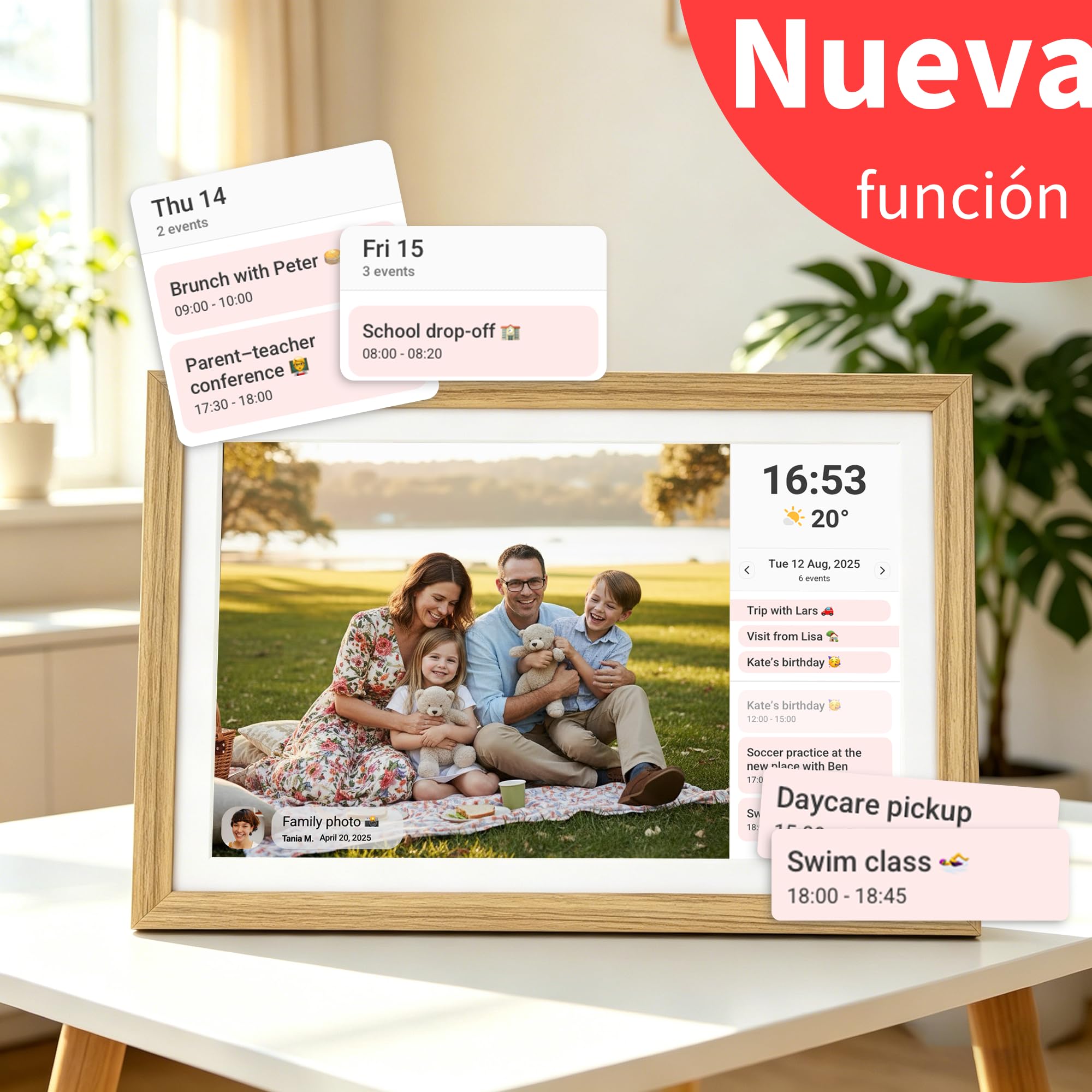 Veidoo Marco de Foto Digital WiFi, Pantalla Táctil de 10 Pulgadas, 32 GB Memoria, Rotación Automática, Música/Video/Calendario/Reloj, Fotos y Videos a través Frameo, Regalo para la Familia(Burlywood)