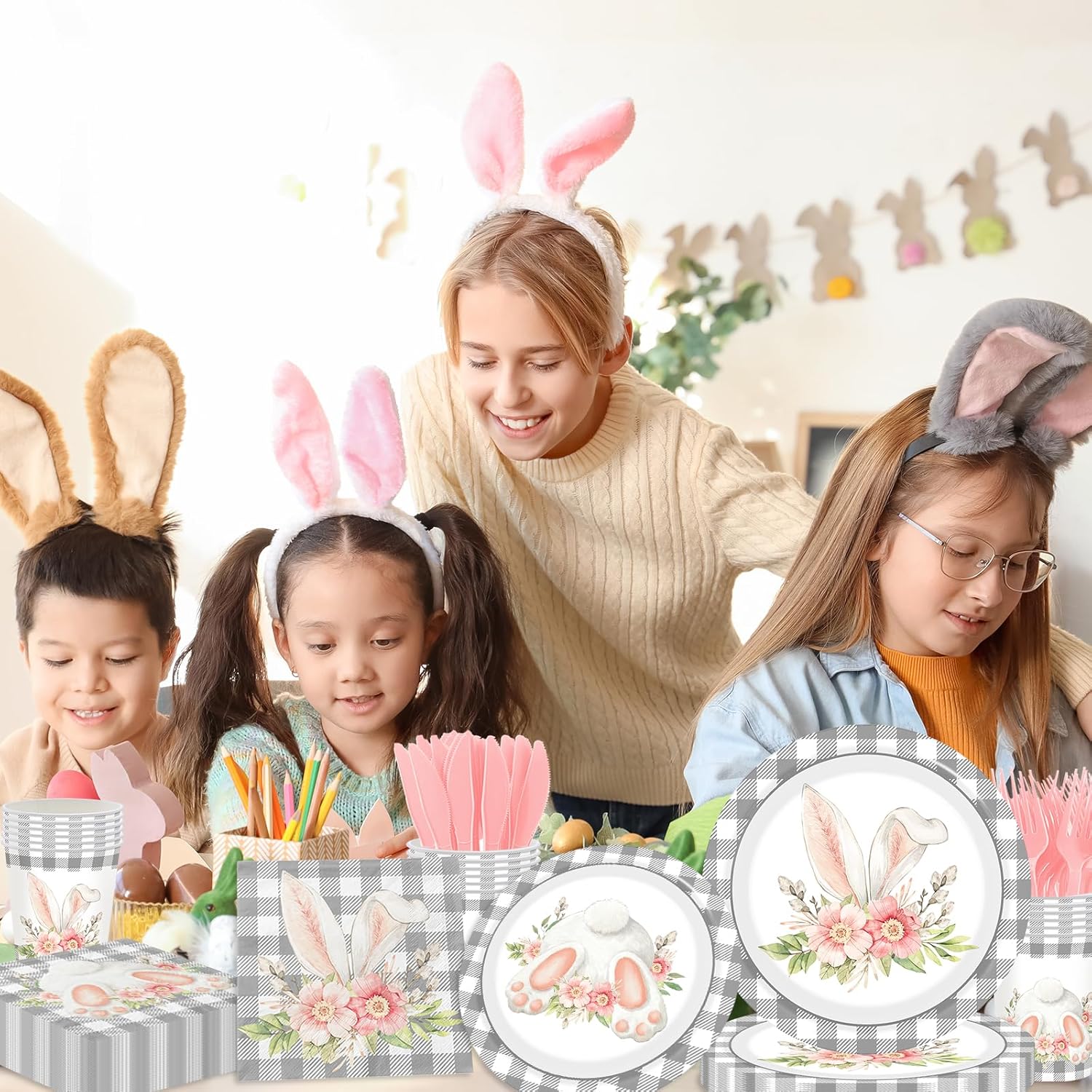 Happy Easter Plates and Napkins Set with Cute Bunny Flowers and Gray Gingham, Easter Party Decorations Disposable Bunny Paper Dinnerware Set for Spring Holiday Birthday Party Baby Shower, Serve 24 - Image 6
