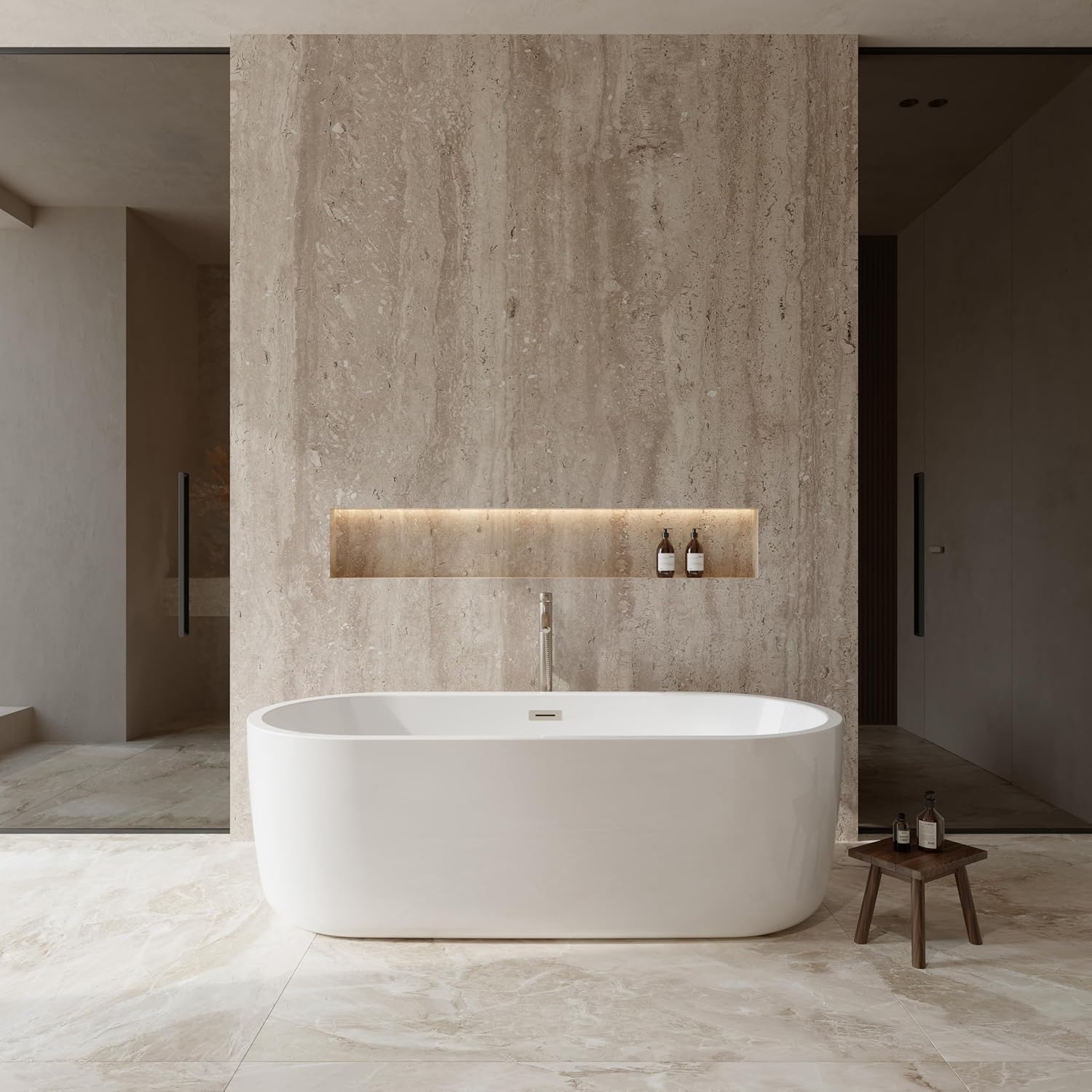 "Juliette 71 inch Freestanding Bathtub in White with Floor Mounted Faucet, Drain and Overflow Trim in Brushed Nickel"