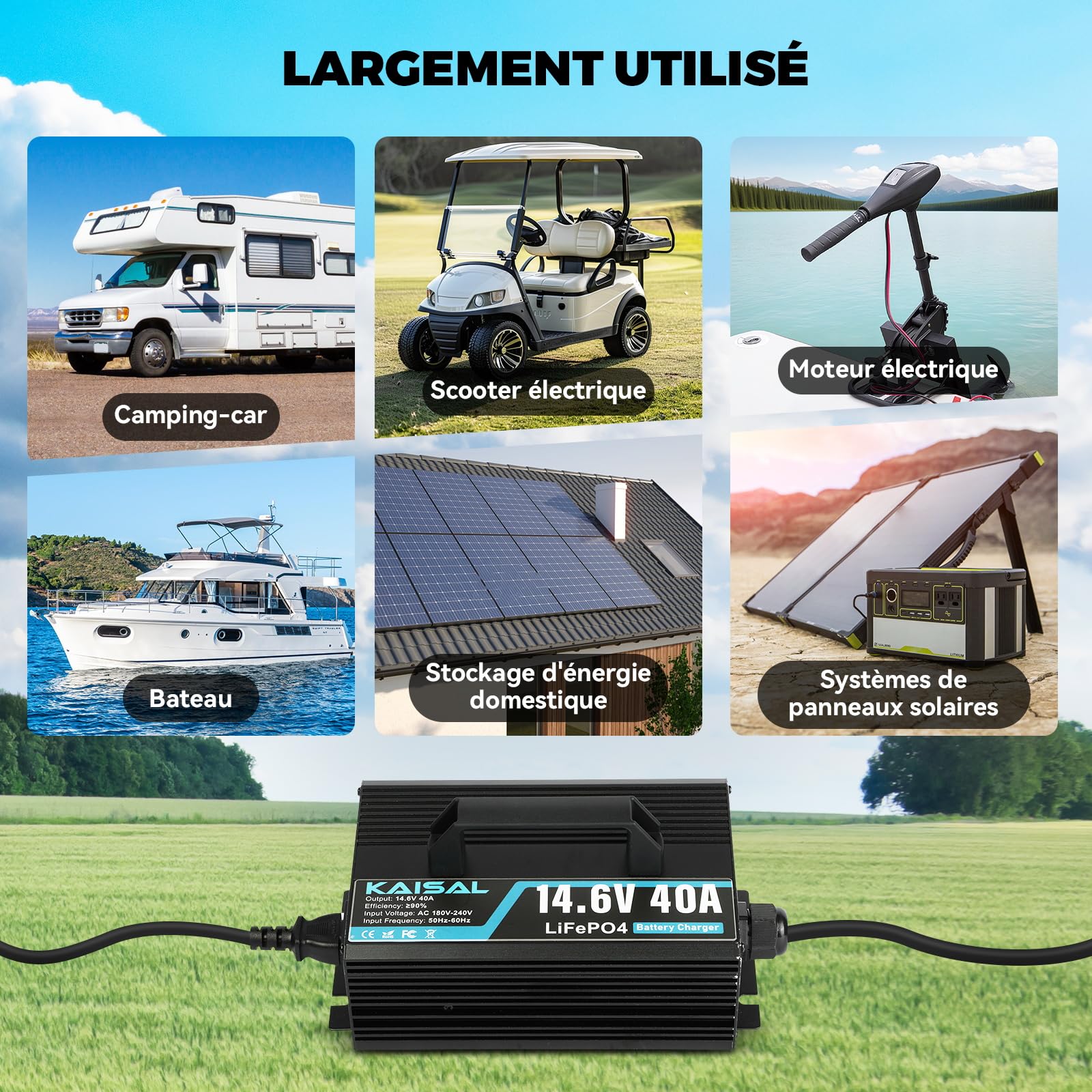 14.6V 40A Chargeur de Batterie LiFePO4, 12V Chargeur de Batterie Lithium 40A Chargeur de Lithium LiFePO4, pour Bateau, Moteur de Trolling, Camping, énergie Solaire