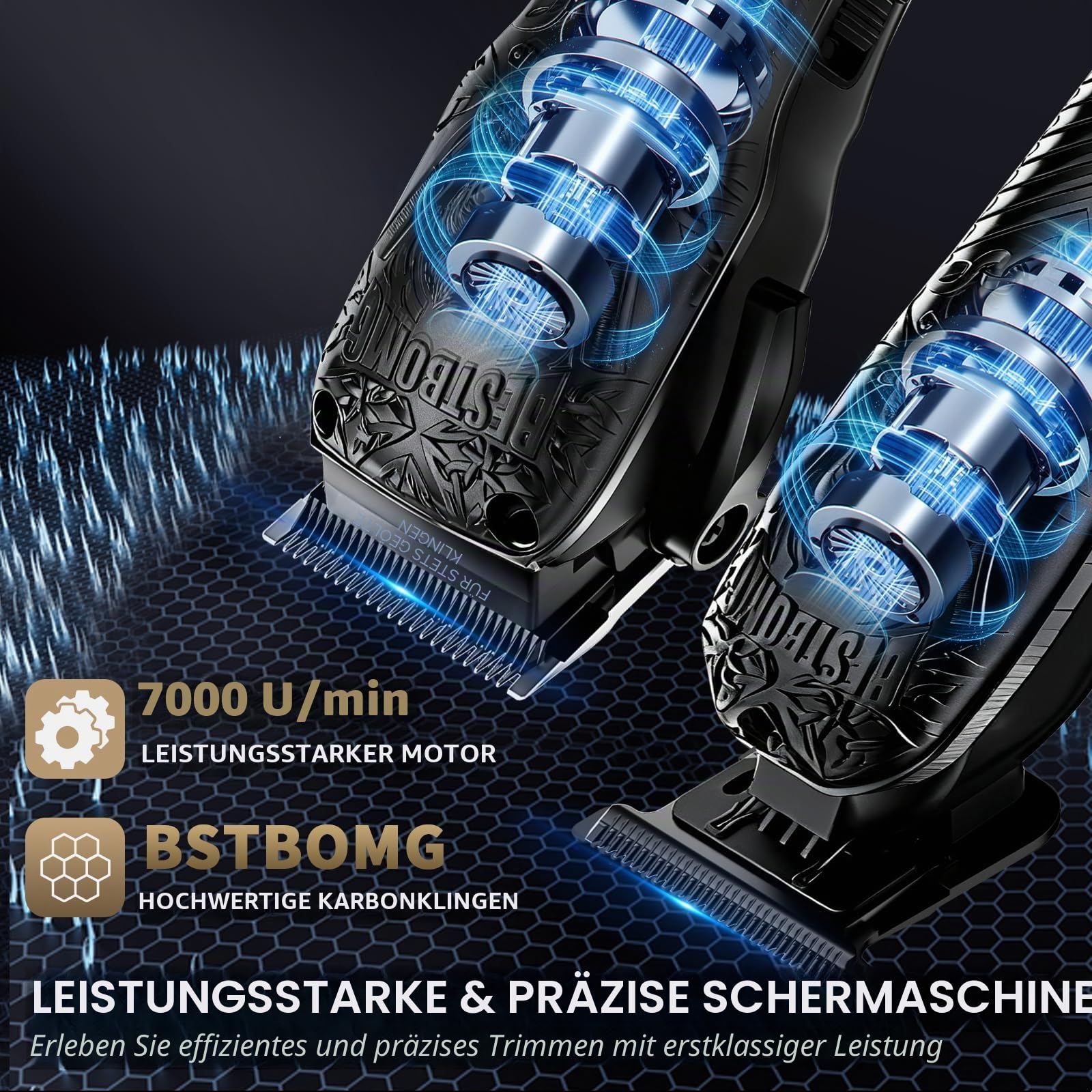 BESTBOMG Professionelle Schnurlose Herren Haarschneidemaschine & Bartschneider und Elektrische Rasierer Sets & Kits, Metall Haarschneidemaschine Schneide- und Pflegeset mit langer Akkulaufzeit für den