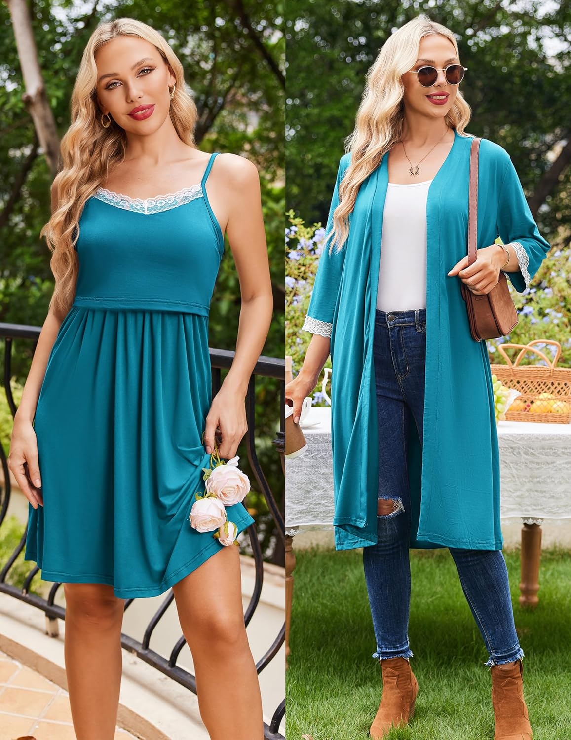 Ekouaer Women Lace Maternity Nursing Gown and 3/4 Sleeve Robe Set Double Layer Breastfeeding Nightgown Slip Dress & Bathrobe - Image 6