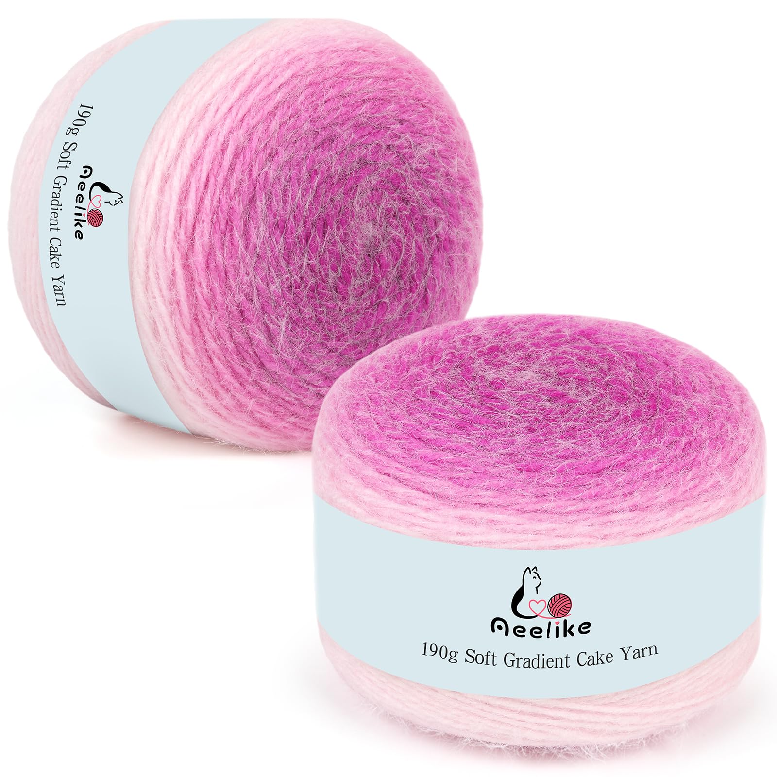 Aeelike Gradient Yarn Cake 2 x 190g - 71% Acrylic 29% Nynon - Soft Plush Cake Yarn for Crochet, Ombre Double Knitting Wool for Baby Blanket Scarf Socks Bags - Gradient Pink