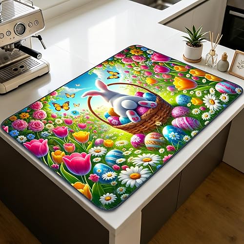 Nuxovilar Stove Top Cover Glass Stove Top Cover Protector Rabbit Butt Basket Floral Pattern Polyester Diatomaceous Earth 28.65x20.47Inch Kitchen Countertop Household Daily Use