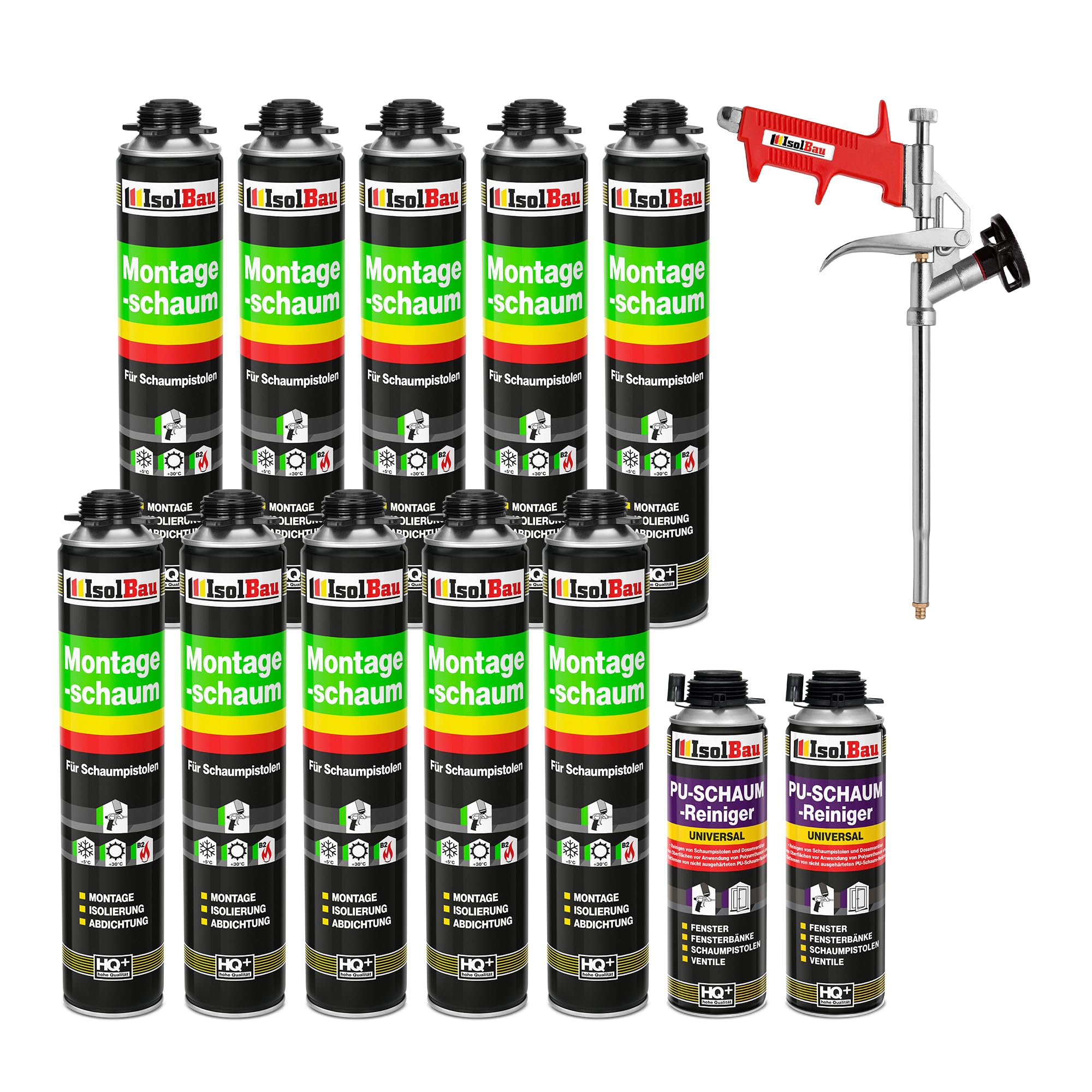Isolbau Bauschaum-Set - Inkl. 10 x 1K Montageschaum B2 Pistolenschaum mit hervorragender Schall und Wärmedämmung (je 750 ml), 2 x PU-Schaum-Reiniger (500 ml) & 1 x Schaumpistole, Verfüllen