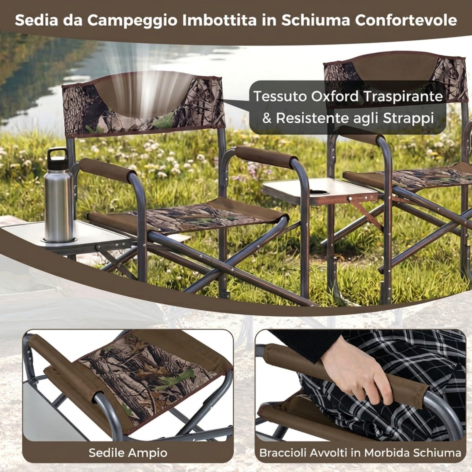 COSTWAY Sedia da Regista Imbottita con Tavolino, Ampio Sedile, Braccioli e Schienale, Sedia da Campeggio Pieghevole con Telaio Metallico per Eventi Sportivi e Pesca, Portata 180 kg (Mimetico)