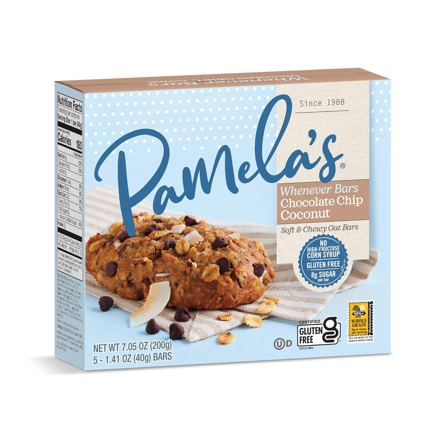 Pamela's Whenever Bars Soft & Chewy Oat Bars, Chocolate Chip Coconut, Kosher, Gluten Free, 5 Count, 7.05 Ounce (Pack of 6)