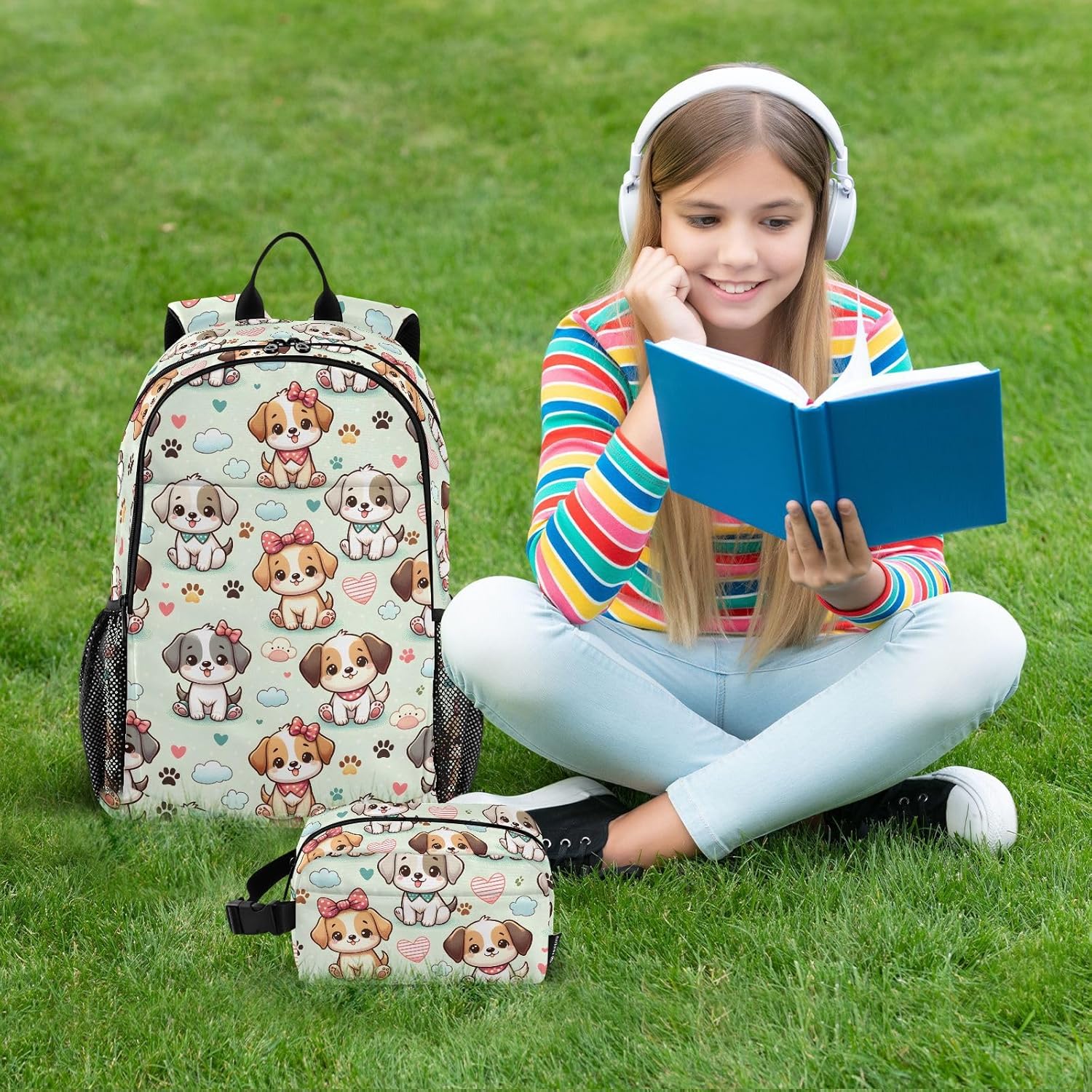 ALAZA Cute Dog Puppy Paw Prints Backpack and Lunch Bag Set for Boys Girls School Bookbag Cooler Kits