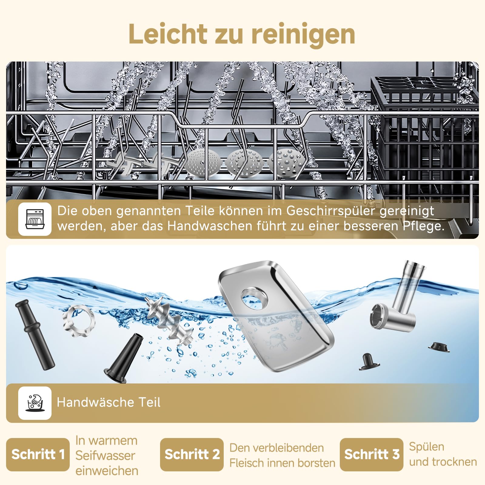 AAOBOSI Fleischwolf Elektrisch, 3-IN-1 [3000W Max] Multi Fleischwolf mit 3 Edelstahl-Schleifplatten, Kubbe & Wurstfüllrohren,Upgrade der Auto Rücklauffunktion - Edelstahl