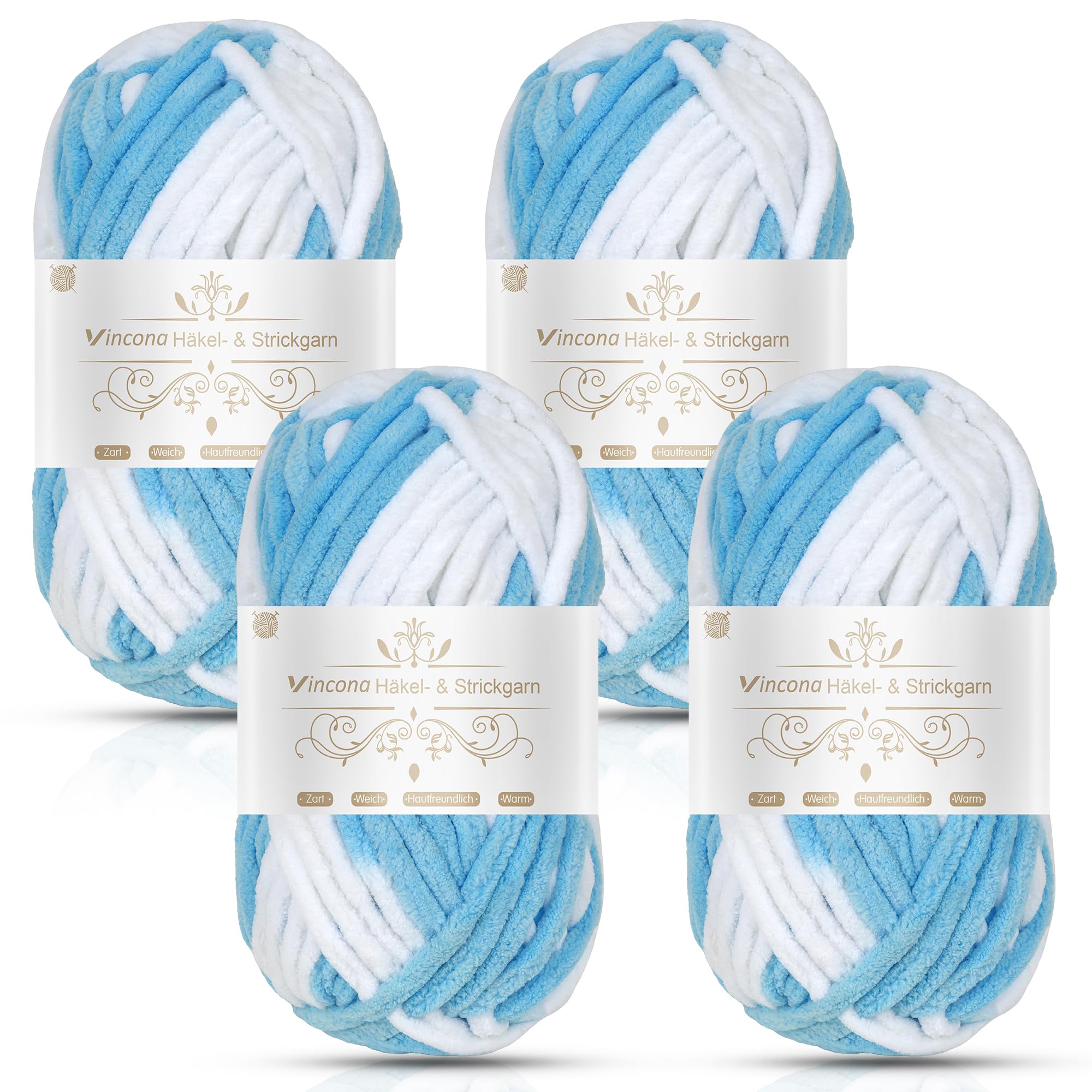 Vincona Chunky Yarn 4 x 100g Multi-Colored Soft Chunky Wool for Hand Knitting, Thick Yarn for Knitting 100g Balls, Soft Fluffy Velvet Thick Knitting Yarn for Crochet Blankets, Amigurumi White Blue