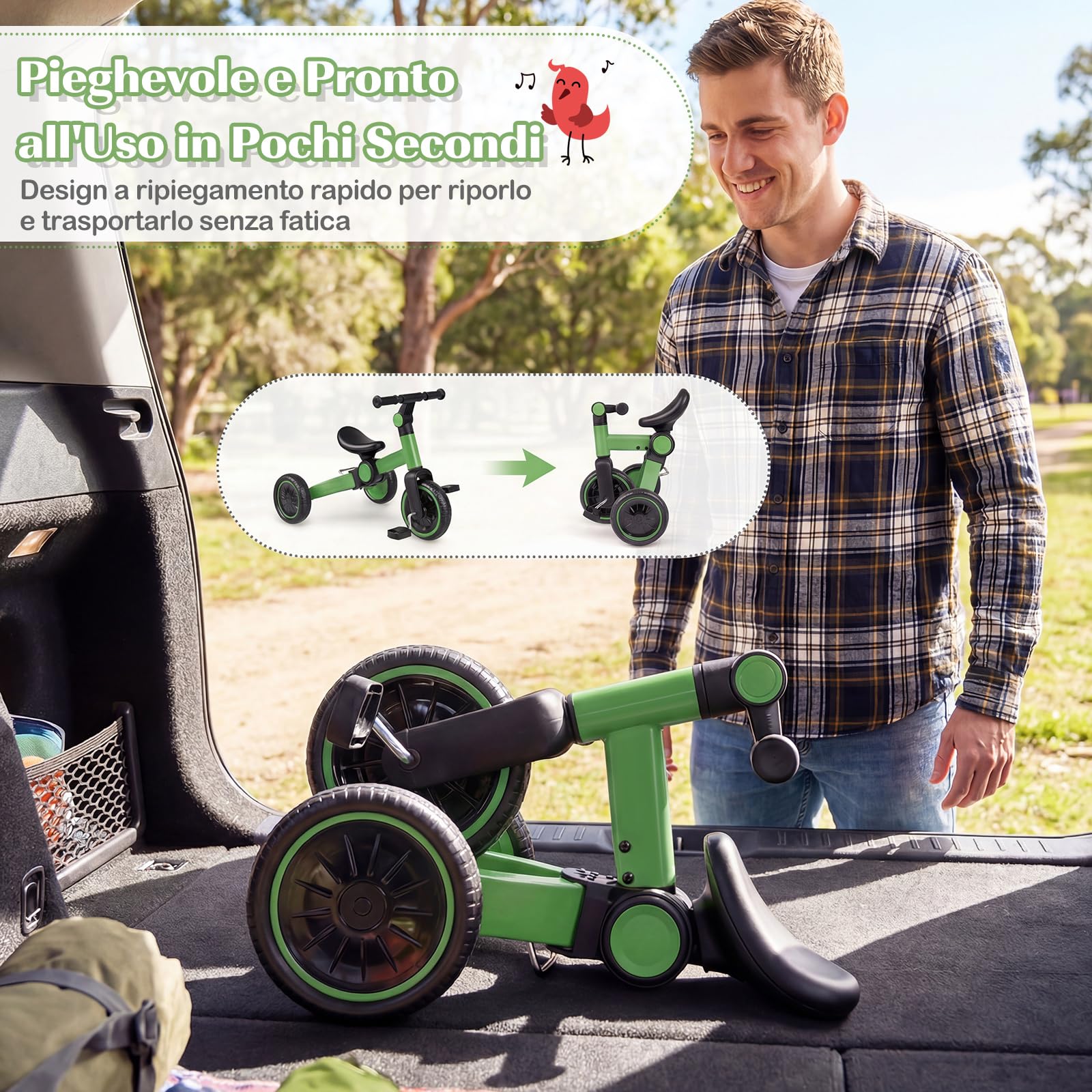COSTWAY 5 in 1 Bicicletta per Bambini, Bicicletta da Equilibrio con Pedali Rimovibili, Manubrio Regolabile e Ruote, Triciclo Pieghevole per Esterni e Interni, per Bambini 2-4 Anni