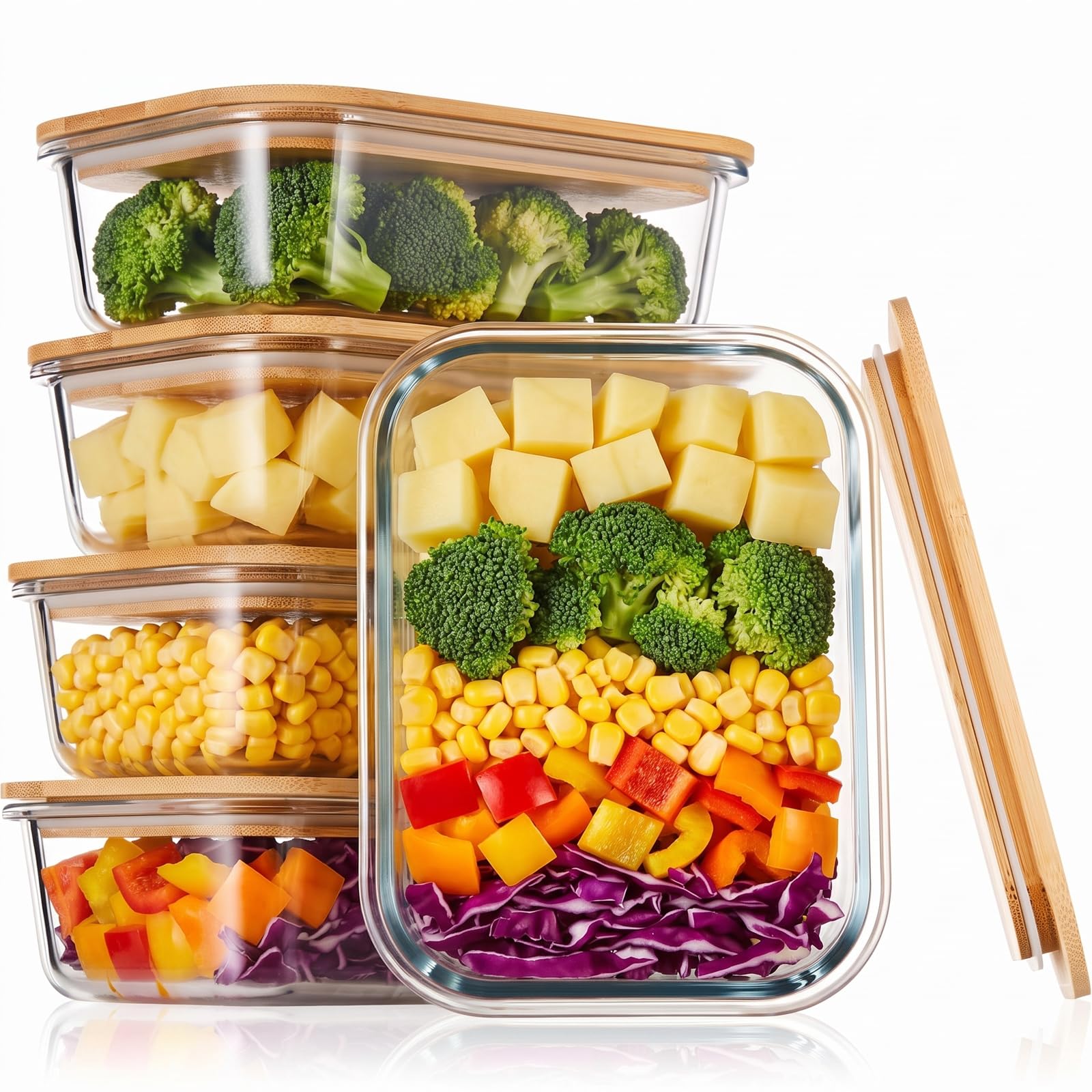 5 contenitori per alimenti in vetro con coperchio in bambù da 1040 ml, contenitori ermetici per forno a microonde e congelatore, ciotole in vetro con coperchio, per dispensa