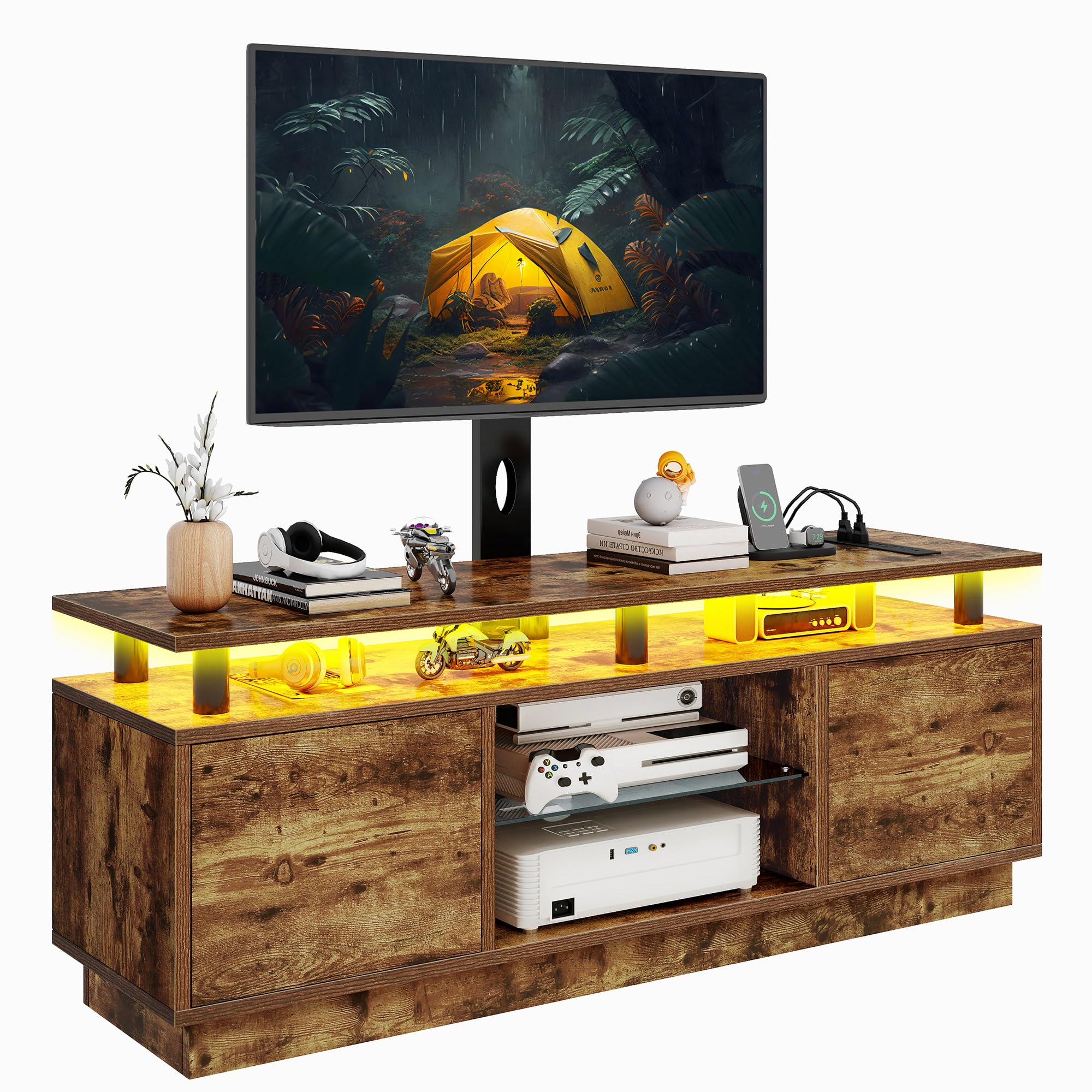 DWVO TV Stands for Living Room, Modern TV Stand for 70/65 inch TV with Mount & Power Outlet, LED Entertainment Center with Storage, Gaming Media Stand, Rustic Brown