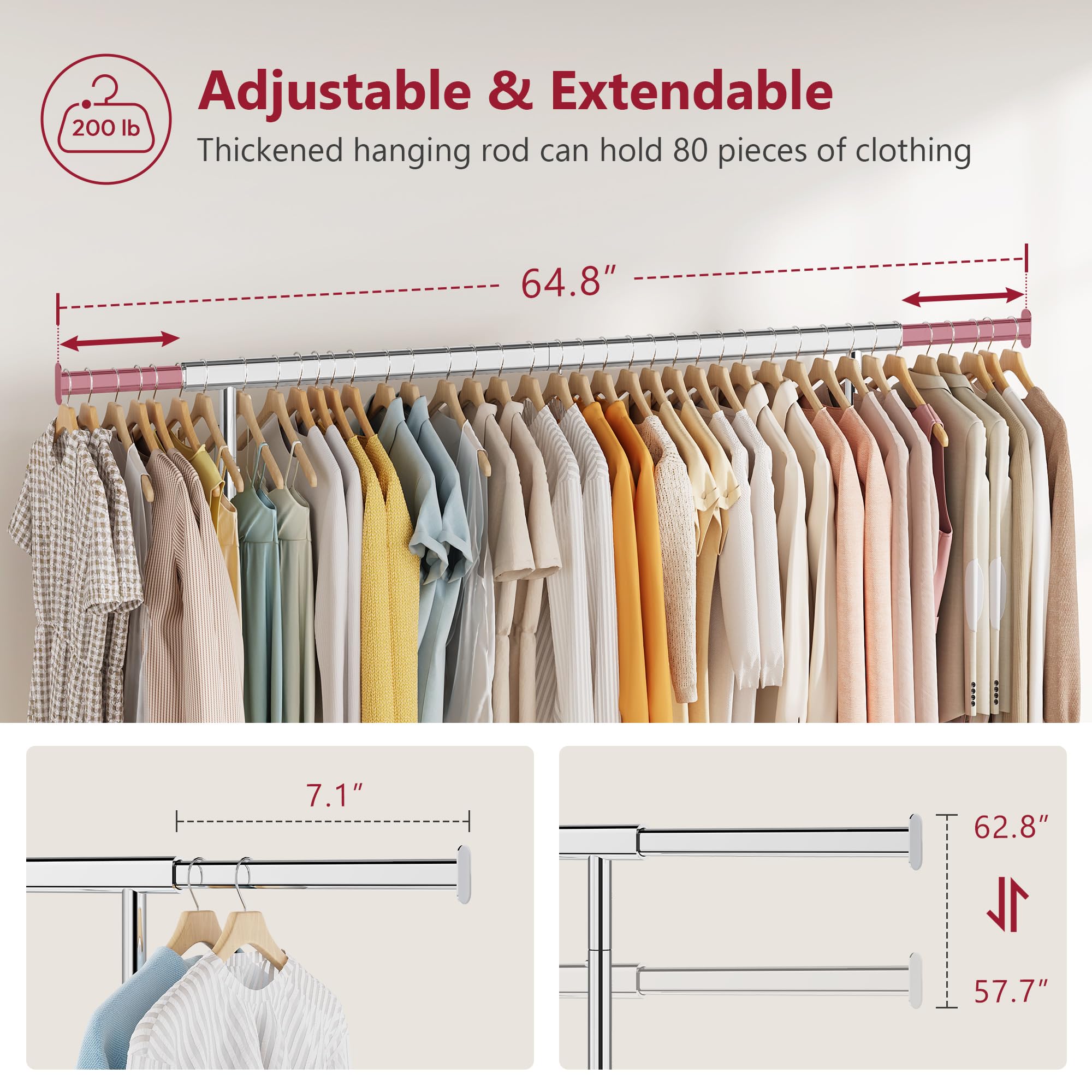 Tajsoon Perchero resistente con ruedas y barra extensible, hasta 159 kg, plegable, para uso comercial, cromado