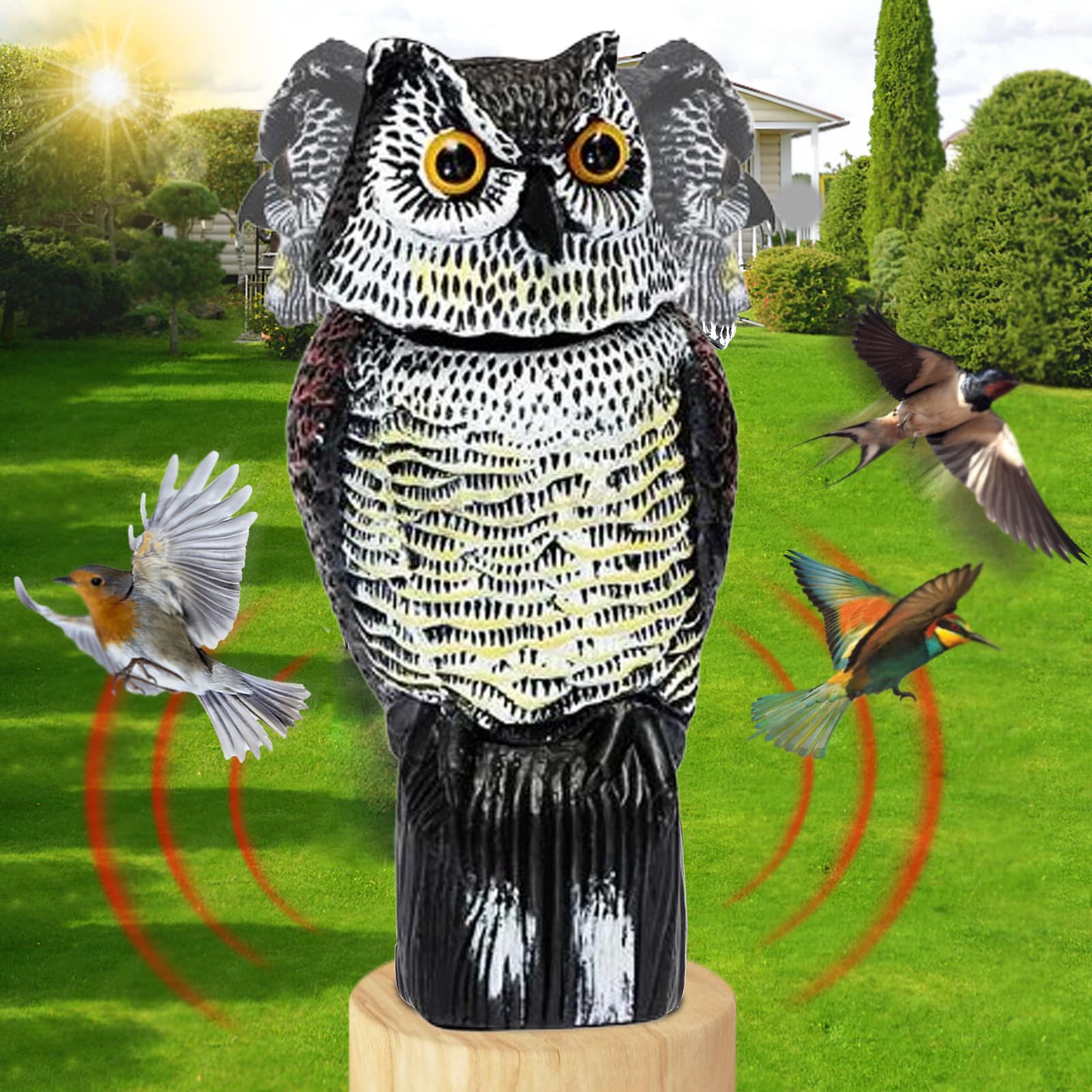 BIGTHREE® Owl Decoy to Scare Birds Squirrels, Fake Owl Scarecrow with 360°Rotating Head, Plastic Owl Decoy to Scare Birds Away Deterrent, Bird Scare Devices for Indoor Outdoor Garden, Yard