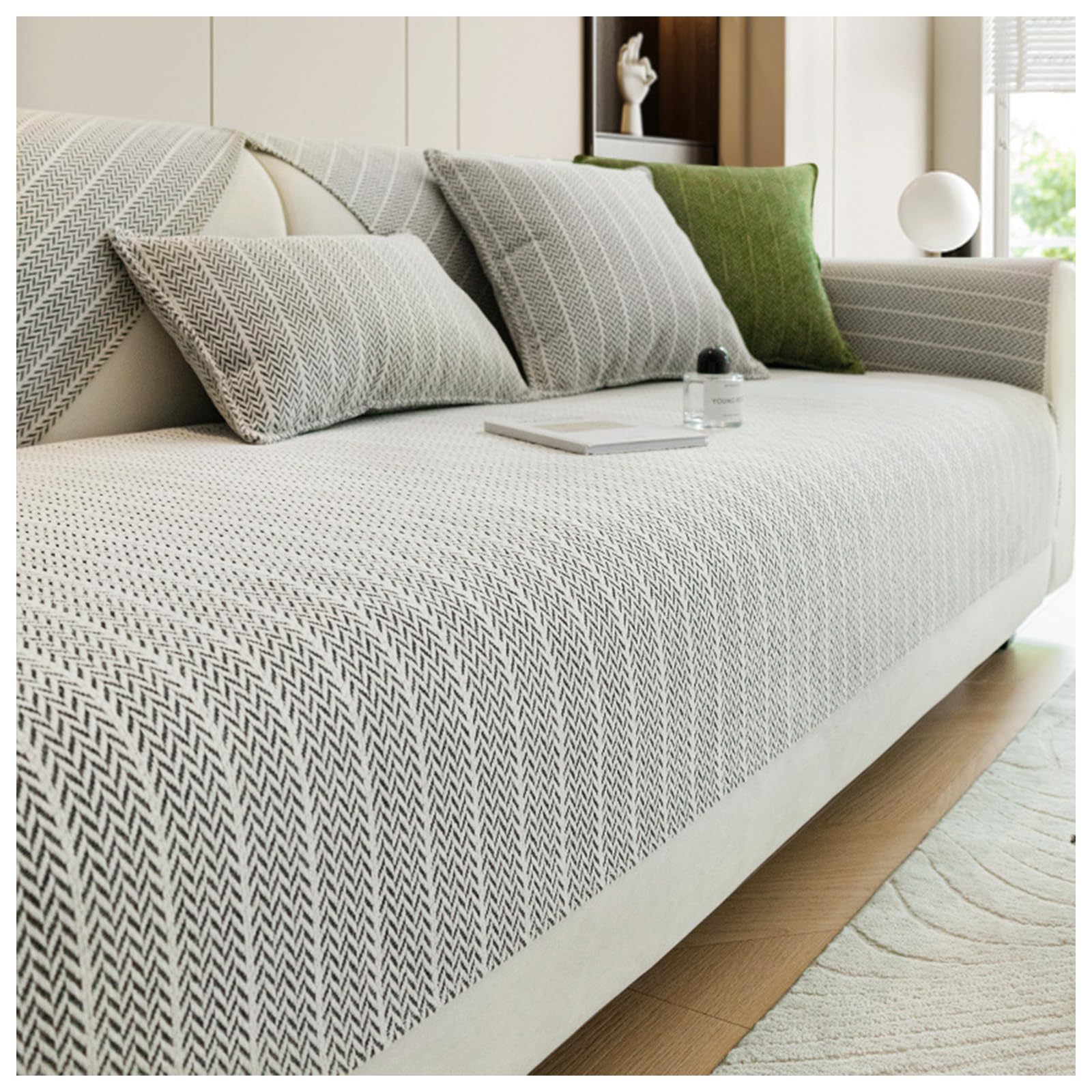 Solid Color Chenille Anti-Scratch Herringbone Couch Cover, Non Slip Sofa Cover, Washable All-Seasons Anti-Scratch Home Decoration Slipcover for Living Room (Light Grey,110 * 240cm)