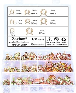 160Pcs Spring Band Hose Clamps Assortment Kit, Fuel Line Hose Clamps for Silicone Vacuum Hose, Low Pressure Air Clip Strap Clamp, 8 Sizes 6mm-17mm