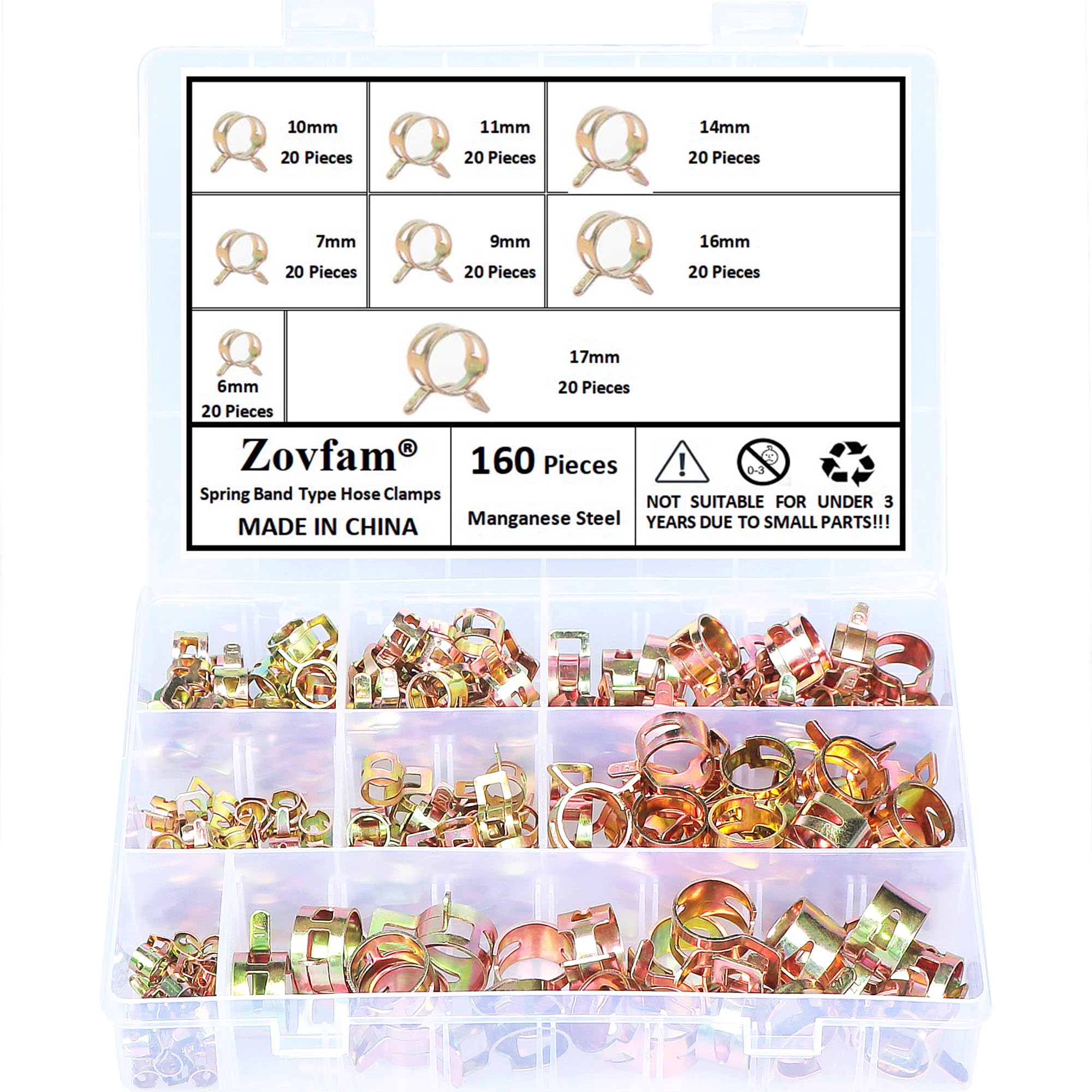 Zovfam Yellow Spring Band Hose Clamps Assortment Kit 6-17Mm Small Hose Clamps Fuel Line Hose Water Pipe Air Tubing Spring Clips Clamps Assortment Kit 6Mm 7Mm 9Mm 10Mm 11Mm 14Mm 16Mm 17Mm 160Pcs