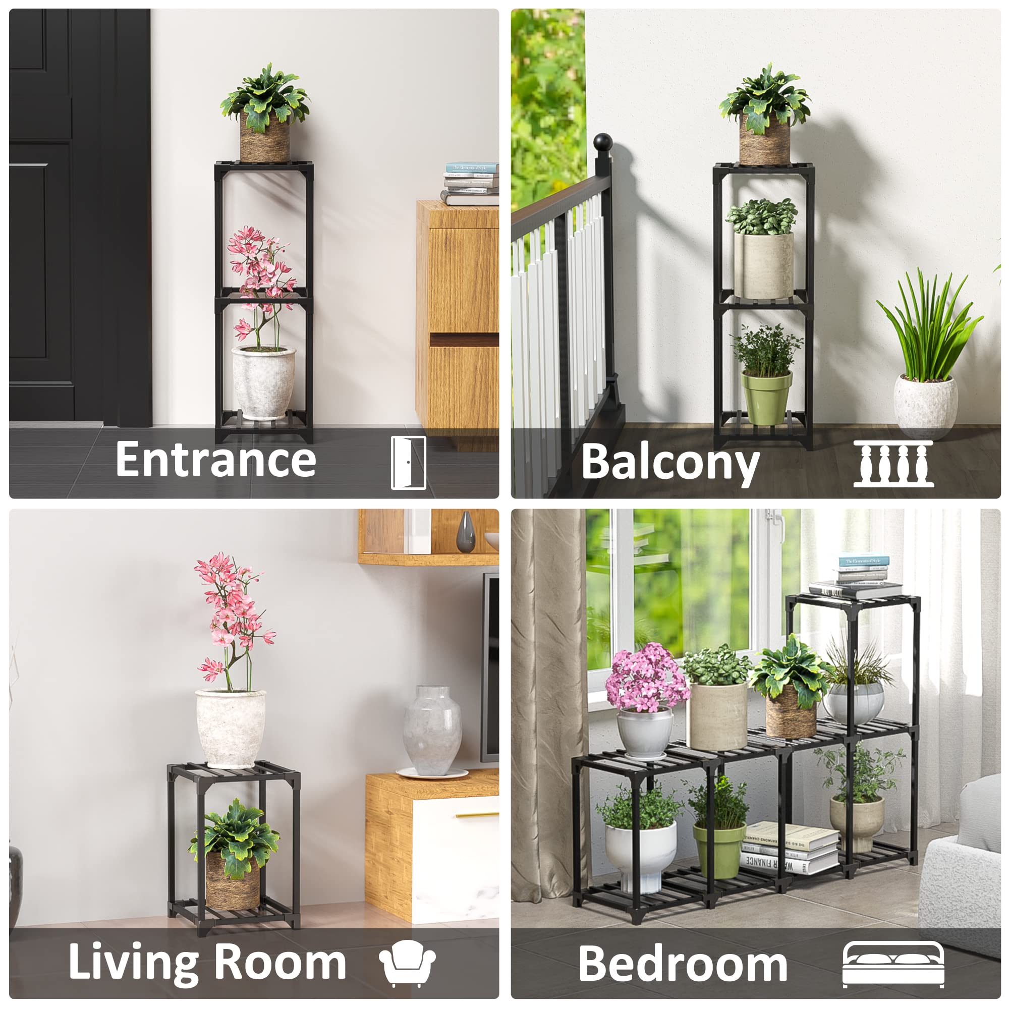 WTZ DIY Plant Stand Indoor, Bamboo Plant Shelf, Corner Plant Holder, Tiered Ladder Flower Stand, Window Plant Rack for Outdoor Living Room Balcony, Free-to-Assemble, MC-303 Black