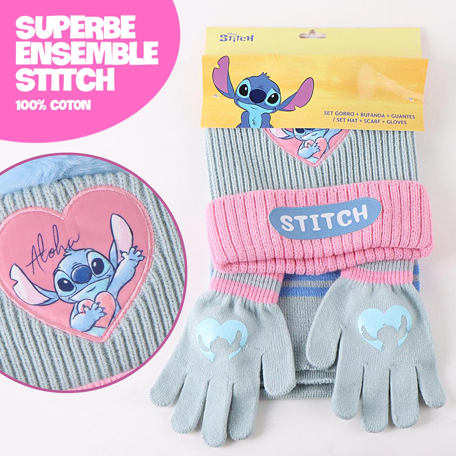 Disney Stitch Ensemble Hiver Enfant 3 Pièces – Bonnet avec Pompon, Écharpe et Gants en Maille Douce et Chaude – Accessoires d'Hiver Fille – Idéal École, Sorties et Cadeau