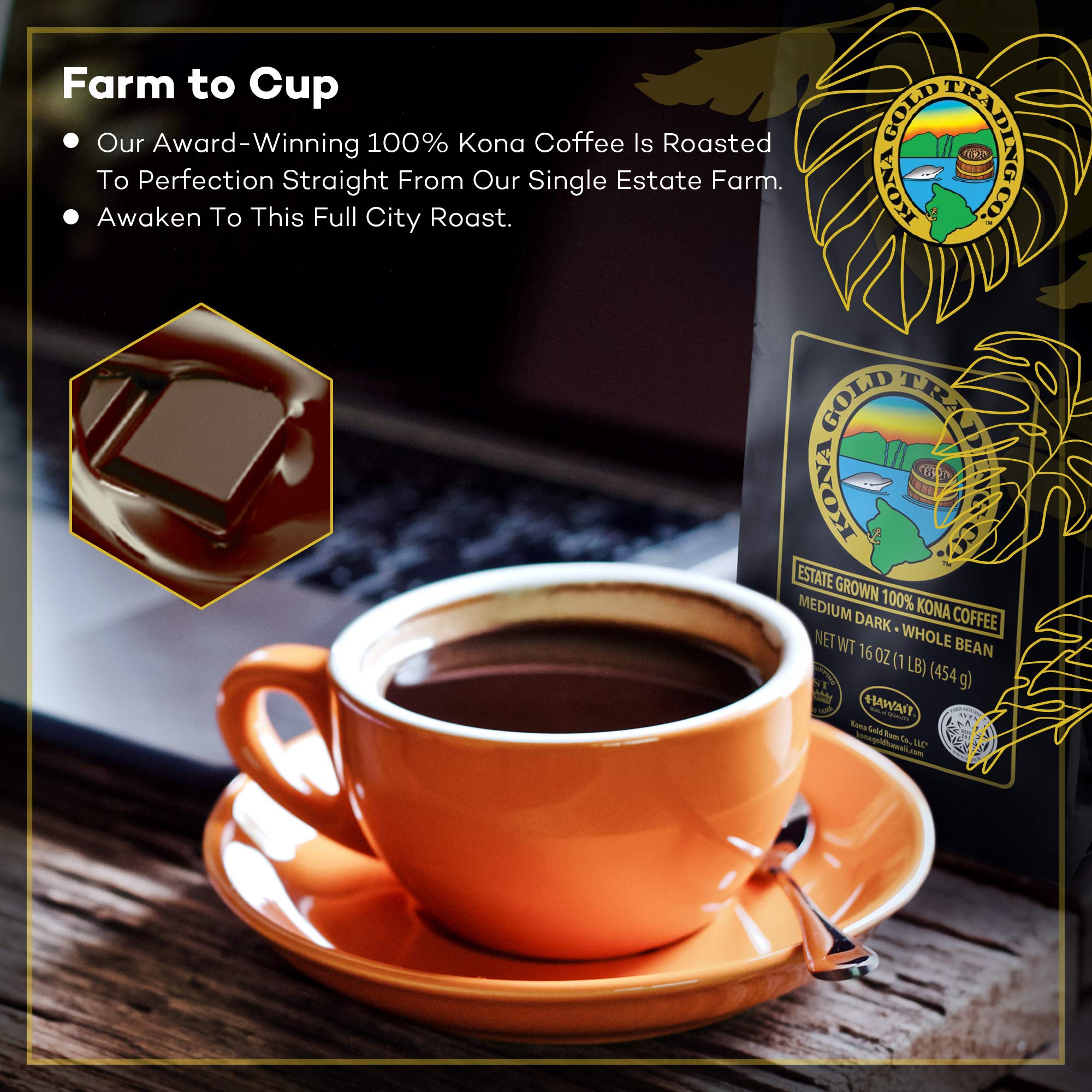 Kona Gold Coffee Whole Beans 16 oz, by Kona Gold Rum Co. Medium