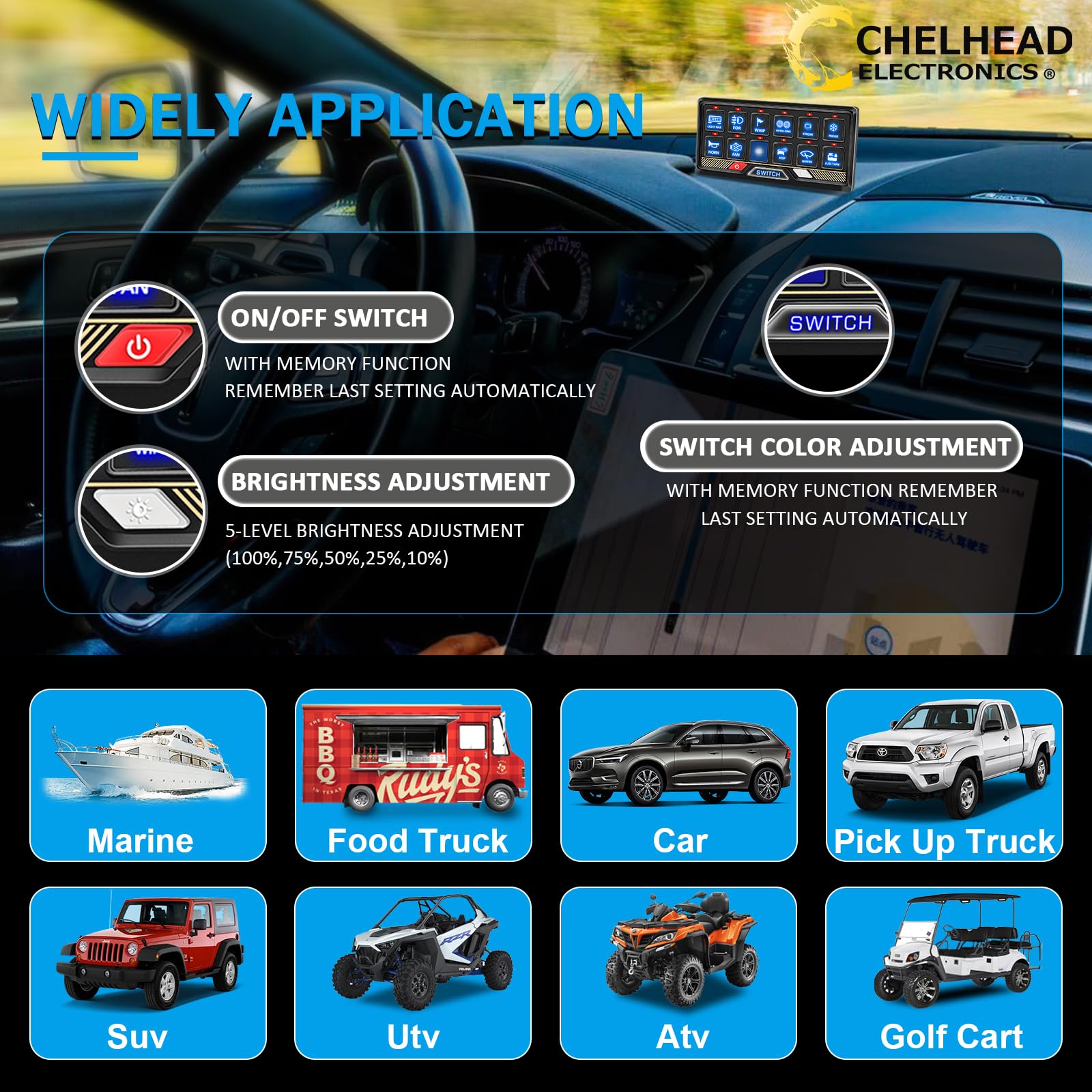 Chelhead 12 Gang 12V-24V Schalter Panel RGB mit Einstellbare Helligkeit 80A | 12-fach Schalterpanel Touch-Steuerung mit RGB Farben und Relais-System. Einfache Kontrolle für Autos, LKW, Boote, UTV, SUVs