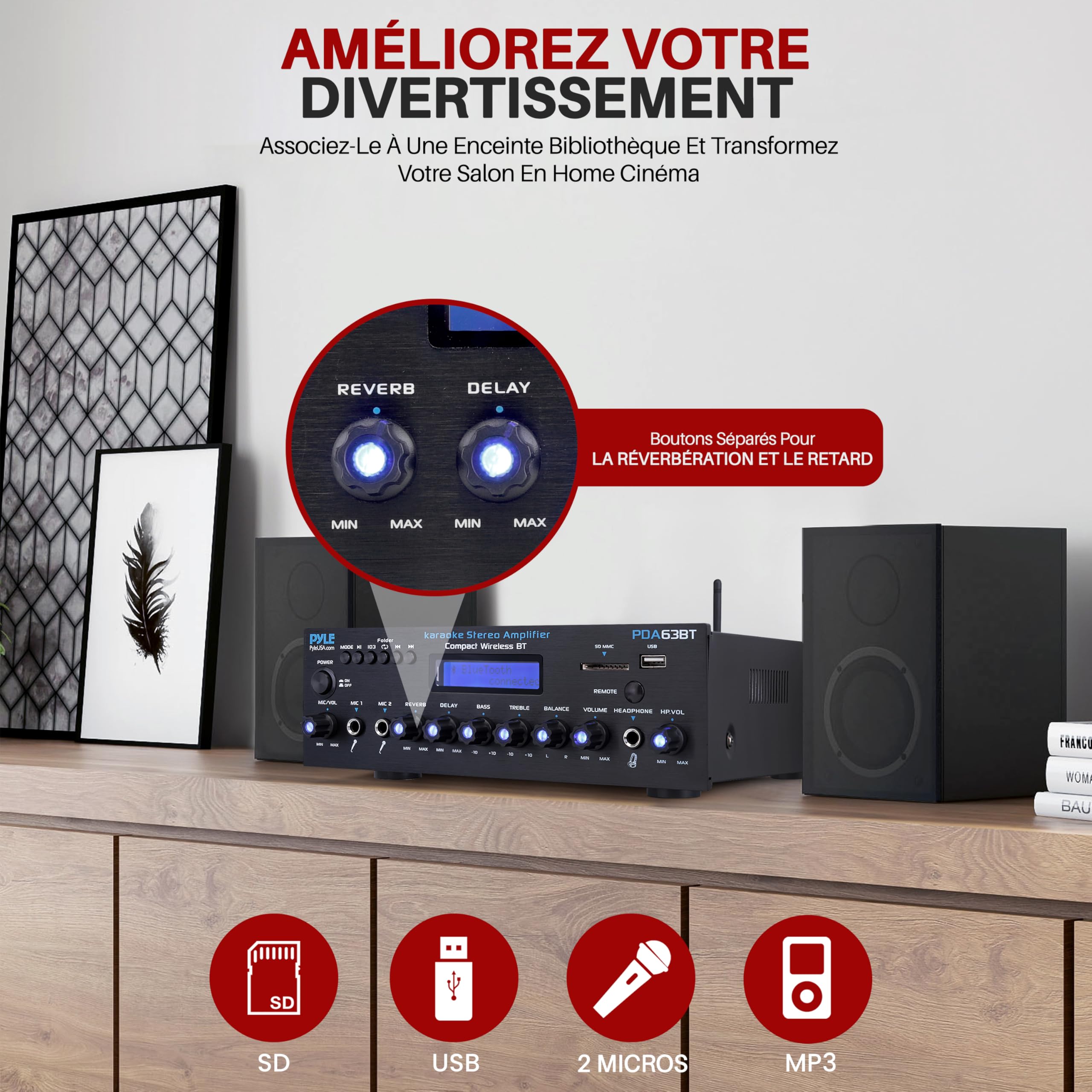 Pyle Amplificateur Bluetooth Stéréo sans Fil, Multi-Canaux, 200 Watts, Système Récepteur Audio pour la Maison avec Radio FM, Bluetooth, USB, SD, AUX, RCA, Entrée Microphone, Antenne et FM