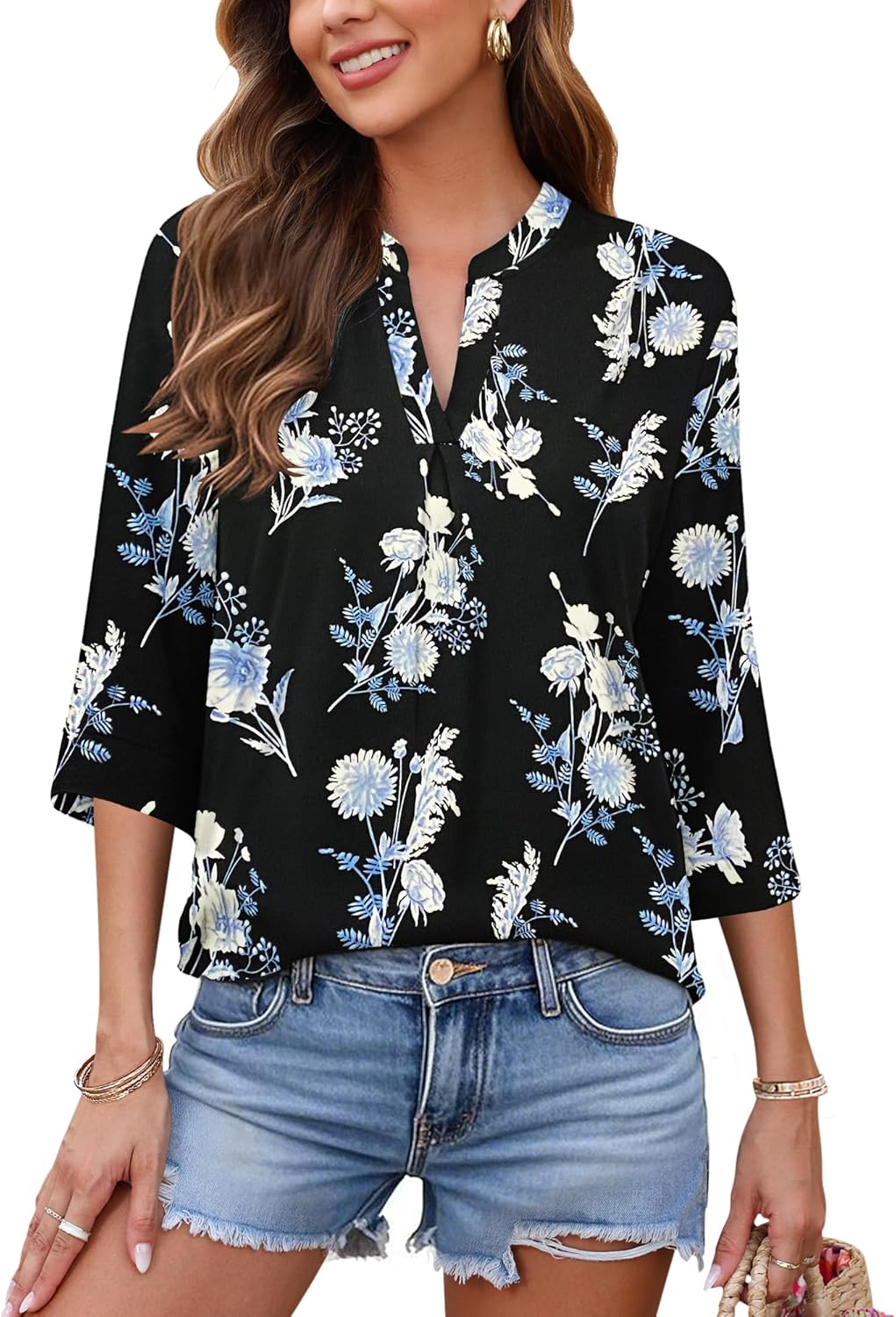 AUSELILY Womens 2025 Dressy Blouses Casual 3/4 Sleeve V Neck Pleated Work Shirts