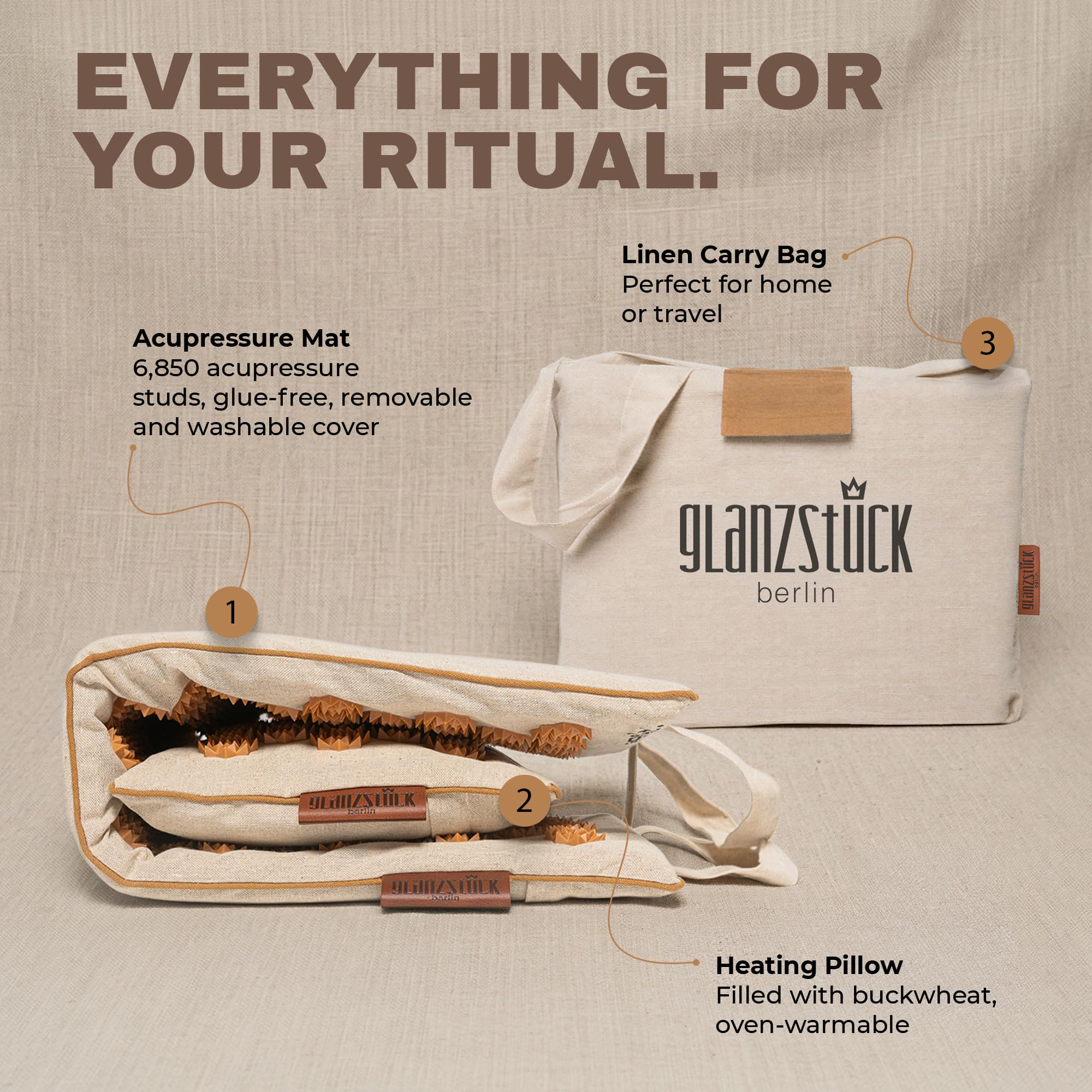 Glanzstück Berlin® Esterilla de acupresión XL Premium de lino, perfecta para principiantes, ayuda con la tensión, dolor de espalda, esterilla de masaje con cojín y bolsa, sostenible