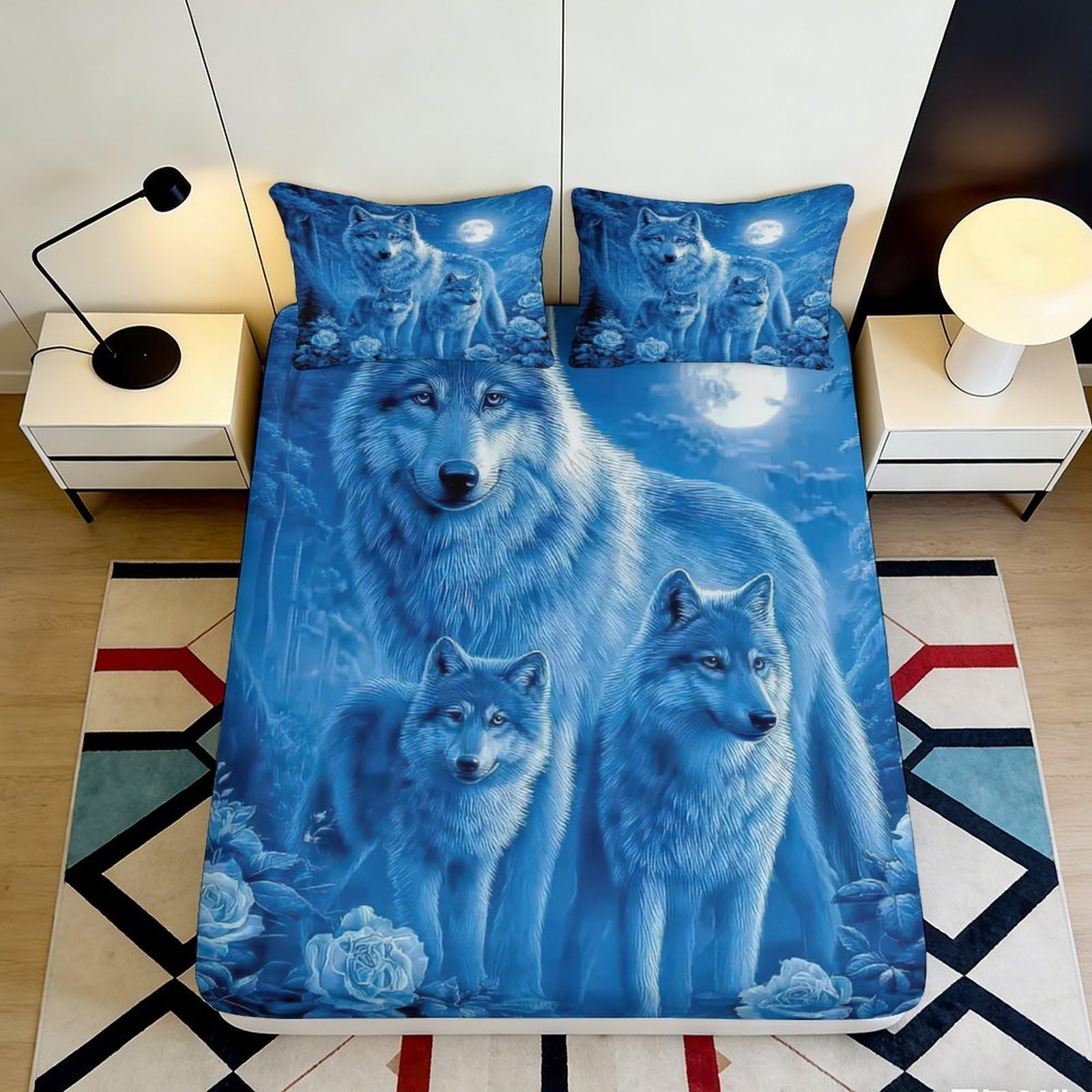 3D Printed Wolf Microfiber Fitted Sheet Deep Pocket Bedroom Bedding Wolf Mattress Fitted Cover Non-Slip Washable for Home 200x200x25cm 90x200x25cm