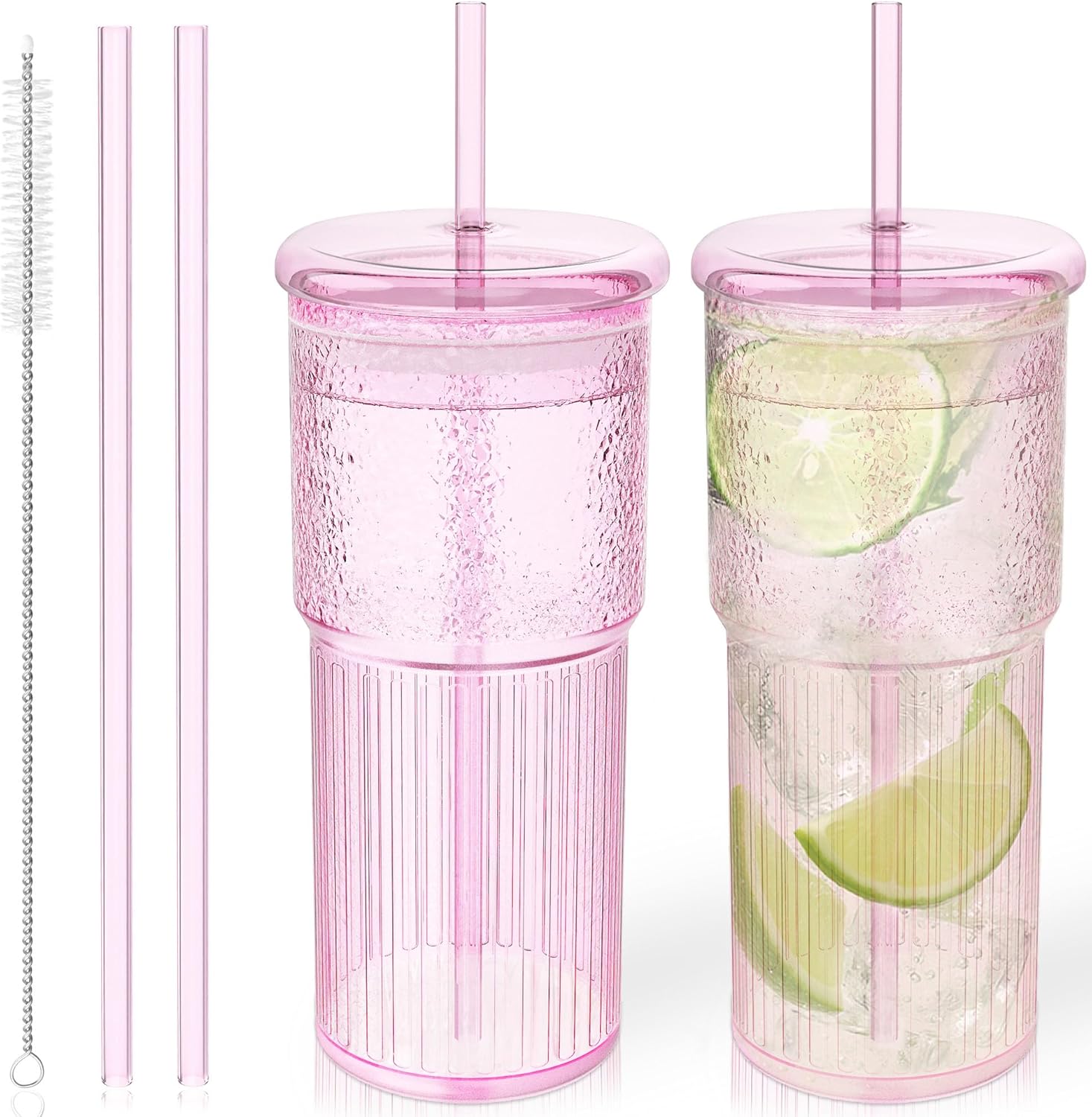 Luiaiog Glass Cups with Lids and Glass Straws, High Borosilicate 20OZ Pink Tumblers (2Pcs) for Coffee, Tea, Juice, Smoothies, Hot & Cold Drinks at Home/Office