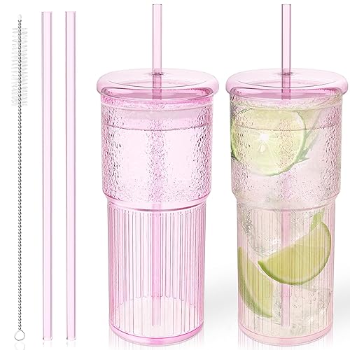 Luiaiog Glass Cups with Lids and Glass Straws, High Borosilicate 20OZ Pink Tumblers (2Pcs) for Coffee, Tea, Juice, Smoothies, Hot & Cold Drinks at Home/Office - Pink