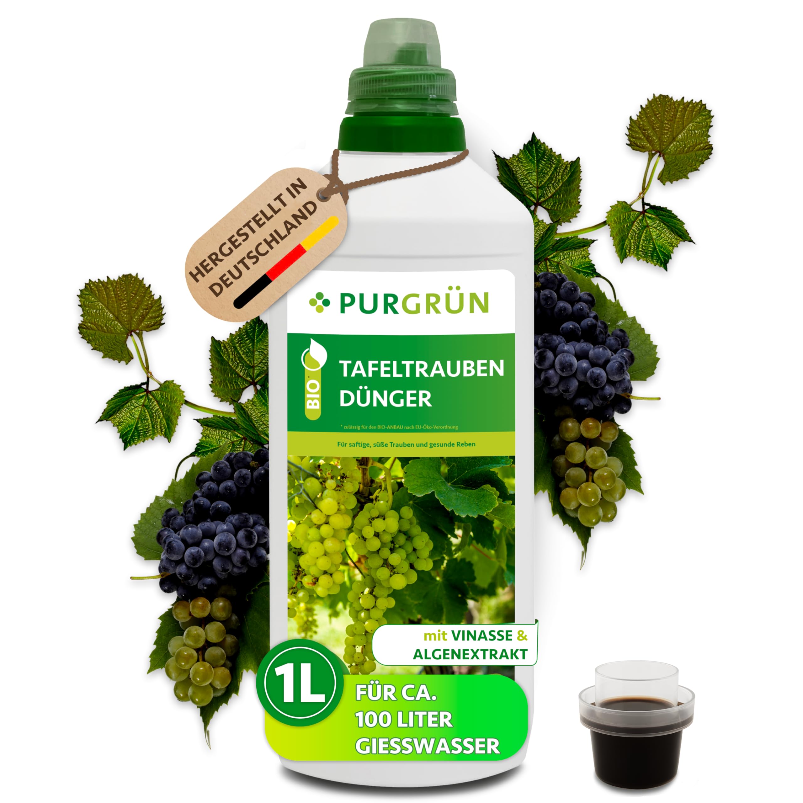 Bio-Tafeltrauben-Dünger 1 Liter – Organische Rezeptur – Premium-Flüssigdünger – NPK 4+1+7 – Mit Algenextrakt & Vinasse – Extra Kalium für saftig süße Trauben – Ohne tierische Inhaltsstoffe