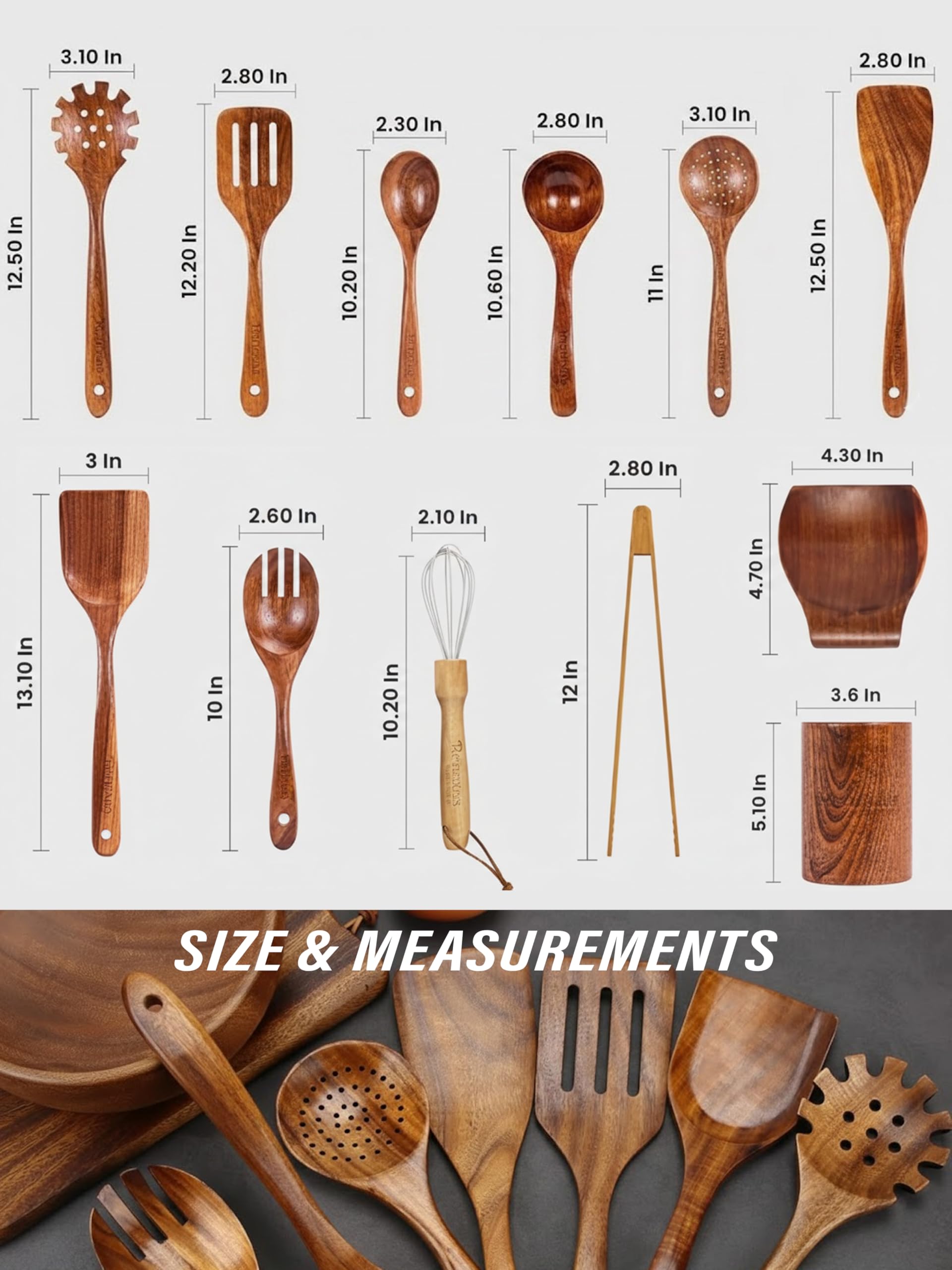 12 cucharas de madera para utensilios de cocina, cucharas de cocina de madera de teca natural con juego de espátulas antiadherentes, utensilios de cocina de bambú con soporte, juego de cucharas de