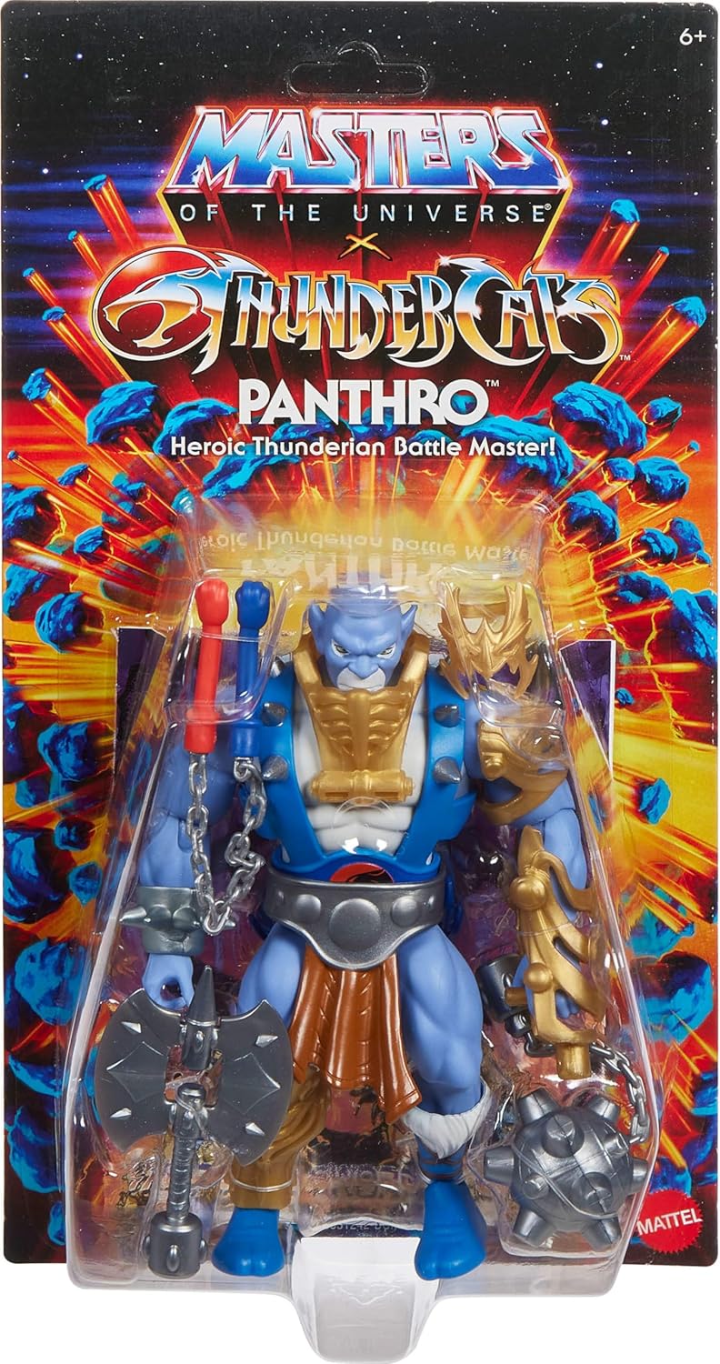 Masters of The Universe Origins & Thundercats 5.5 Inch Posable Action Figure Panthro, 1980s Crossover Toy, Removable Armor, Mace & Axe & Mini-Comic