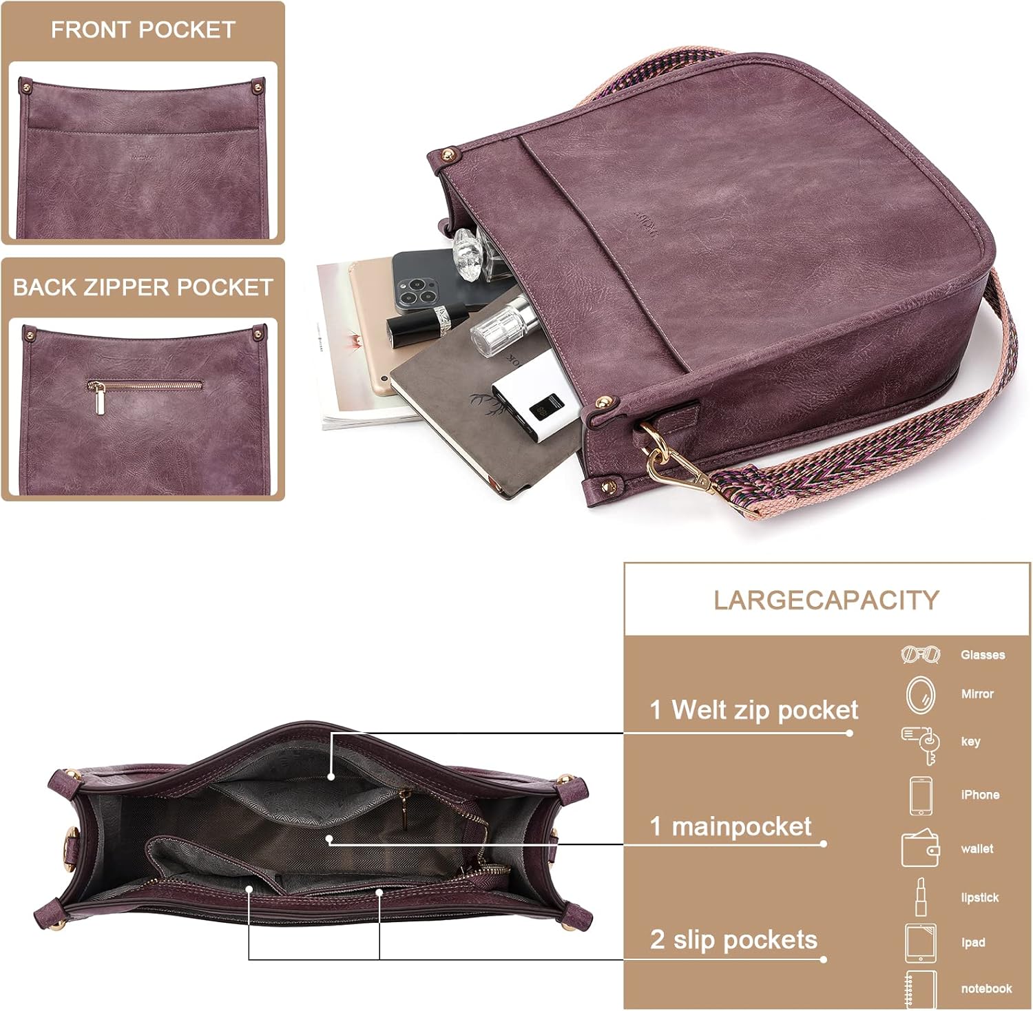 HKCLUF Crossbody Bags for Women Trendy Vegan Leather Hobo Handbags With 2PCS Adjustable Guitar Strap Shoulder Bucket Bags - Image 4