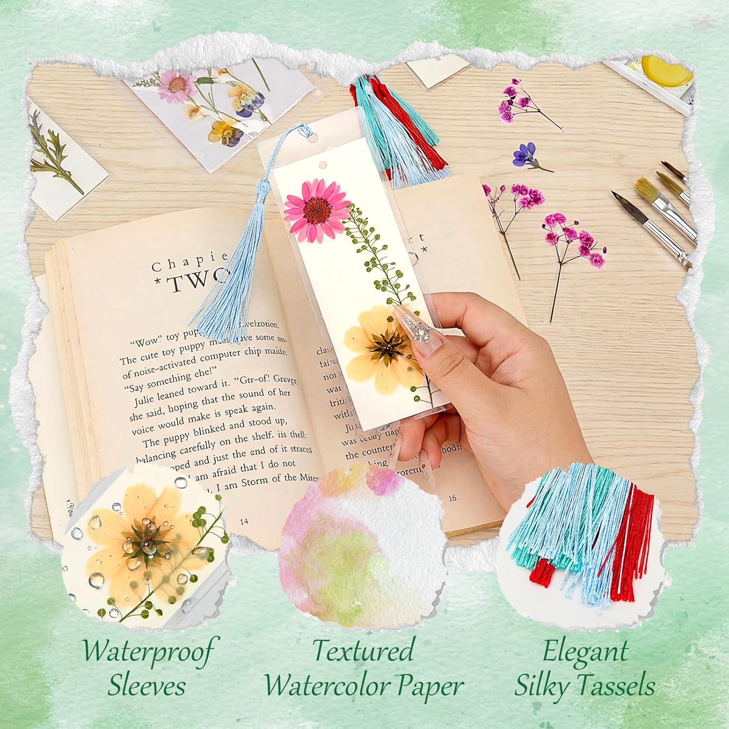 30 Set Pressed Flower Bookmark Making Kit - DIY Bookmarks with Tassels, Dried Flowers, Blank Watercolor Bookmarks, Sleeves, Easy No-Punch Craft for Book Lovers, School, Kids & Adults Gift