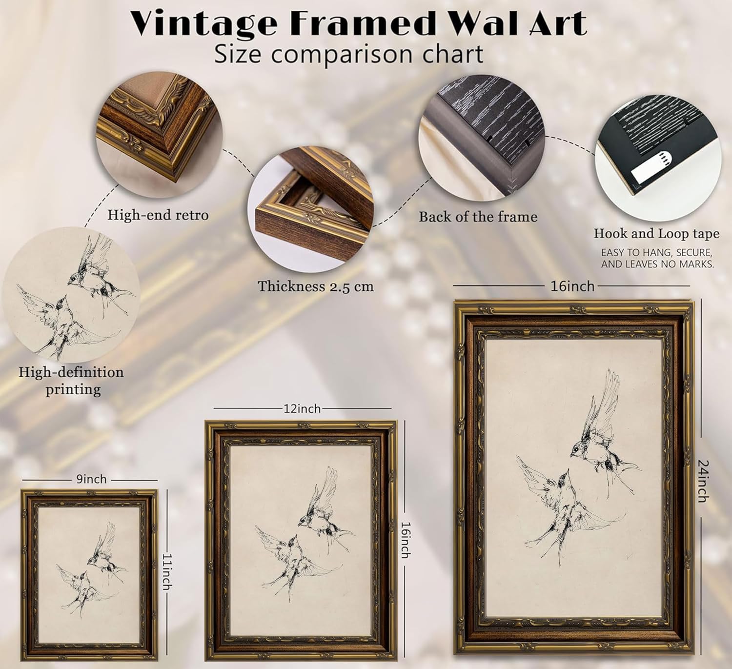 BSXQCHZD Minimalist Bird Wall Art,Hand-Drawn Swallow Sketches in Ornate Gold Frame,Classic Ink Drawing Decor for Modern or Traditional Interiors 24" L x 16" W