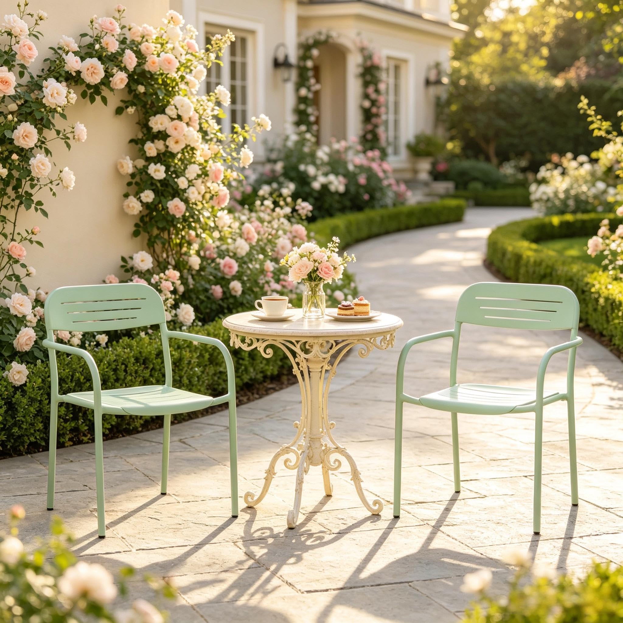 Generisch Set di 2 sedie da giardino impilabili in metallo verde, sedia da terrazza