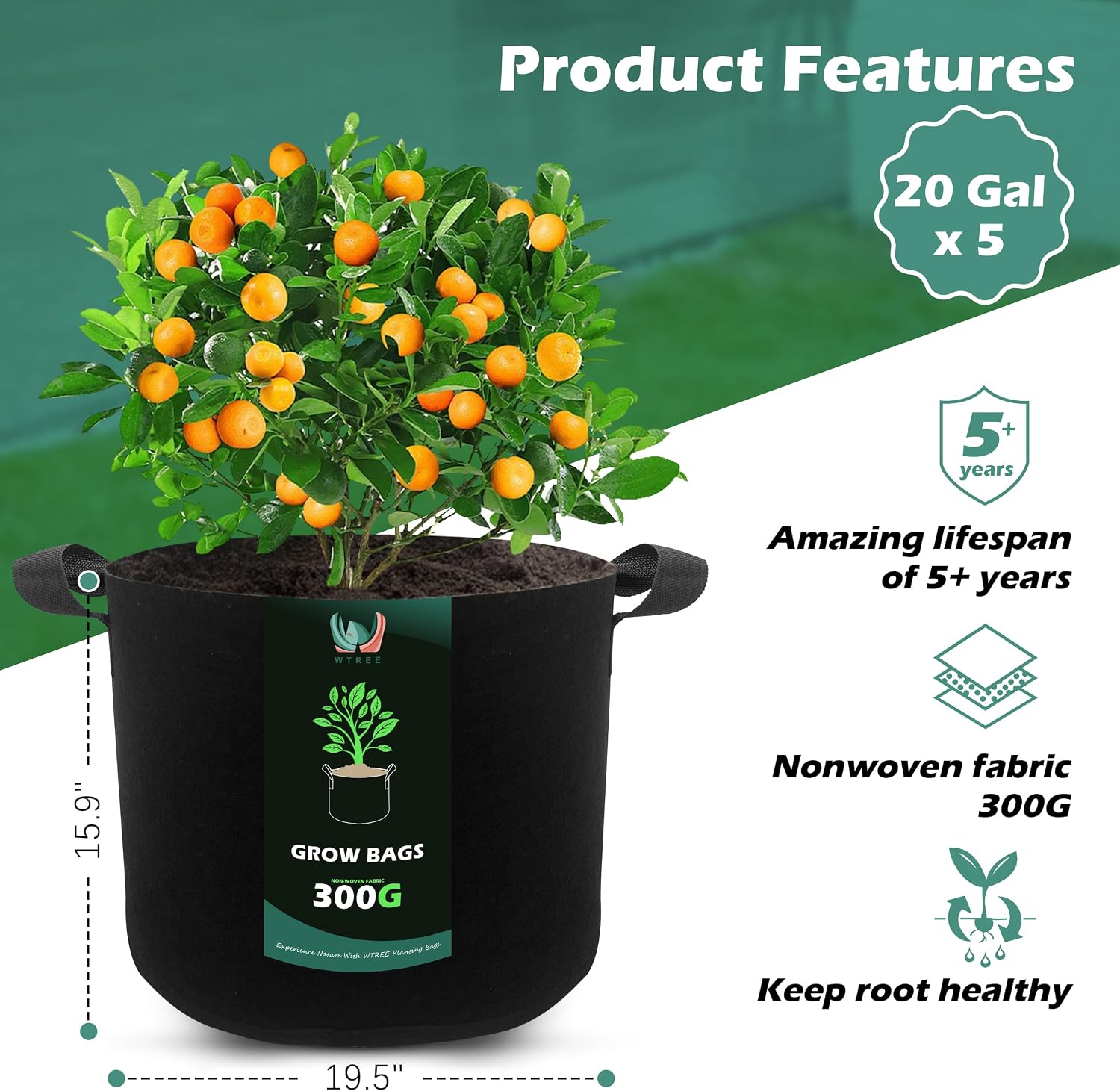WTREE 5-Pack 20 Gallons Grow Bags - Heavy Duty 300G Thickened Aeration Nonwoven Fabric Pots with Handles - Ideal Cloth Pots for Plants - Planters Accessories, Garden Vegetables Supplies