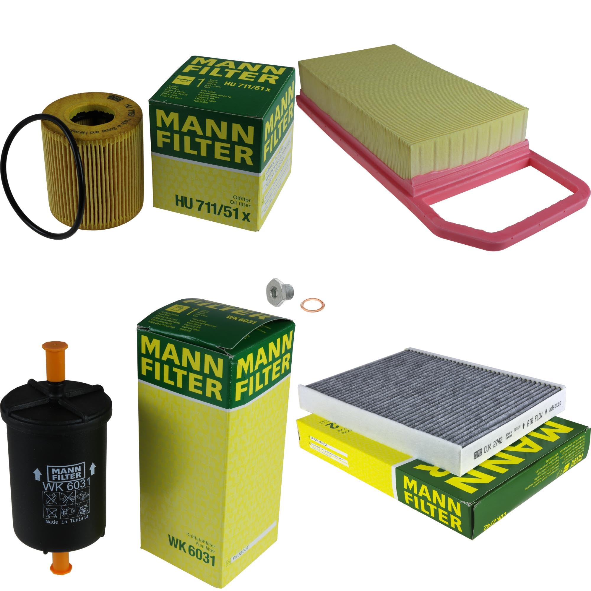 Paquete de inspección Kit de mantenimiento de filtros con filtro de aceite HU 711/51 x, filtro de aire C 35 110, filtro de combustible WK 6031, filtro de habitáculo CUK 2742, tornillo de