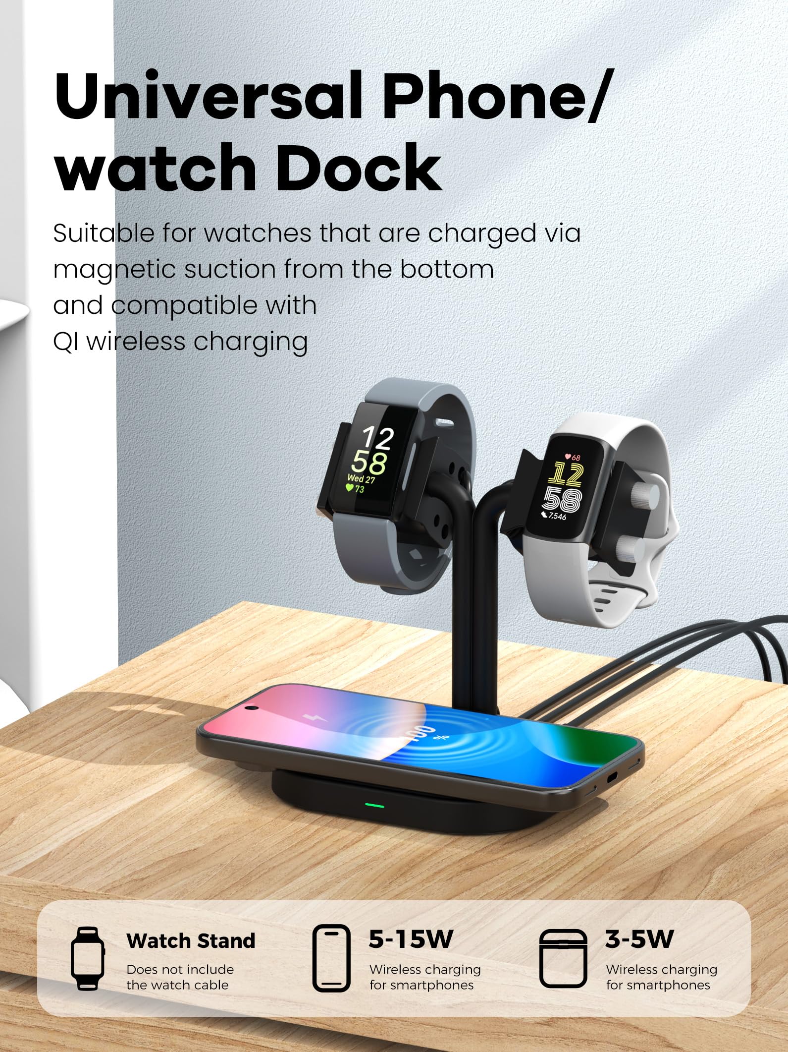 Station de chargement sans fil universelle 3 en 1 réglable pour montre connectée - Pour Samsung / AGPTEK / Fitbit / Xiaomi / FITVII / RUIMEN/Amazfit / Fitpolo - Base de montre (33SW-B)
