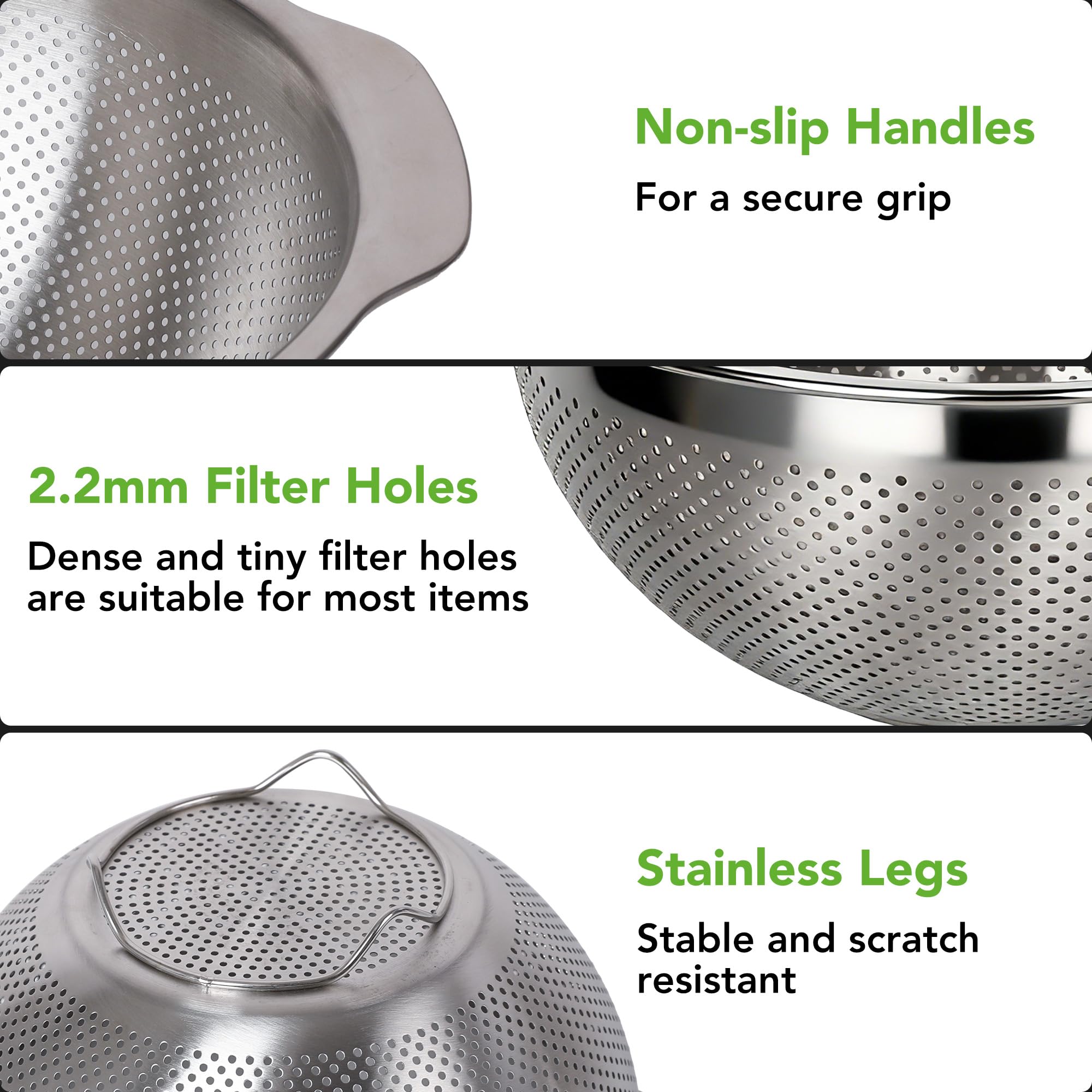 Passoire et passoire en acier inoxydable 304, grande capacité de 5 l et bol mélangeur de 6 l avec couvercle, micropore pour laver le riz, les fruits et les pâtes, base antidérapante, parfait pour la