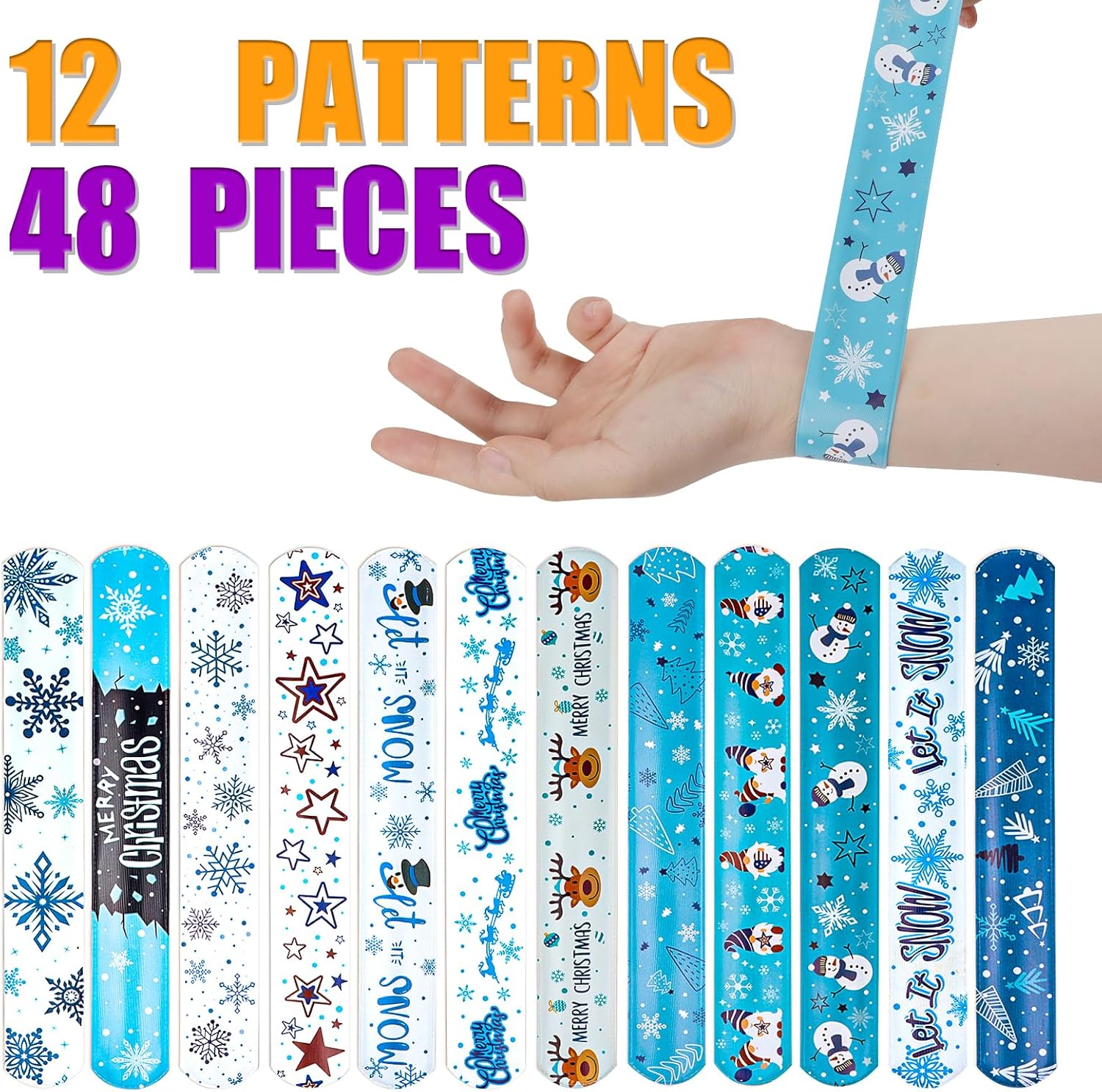 LOMIMOS 48PCS Christmas Blue White Slap Bracelet,Xmas Snap Wristband with Santa Claus Star Reindeer Snowman Snowflake for Kids Party Favors Little Toys(12 Design - Image 4
