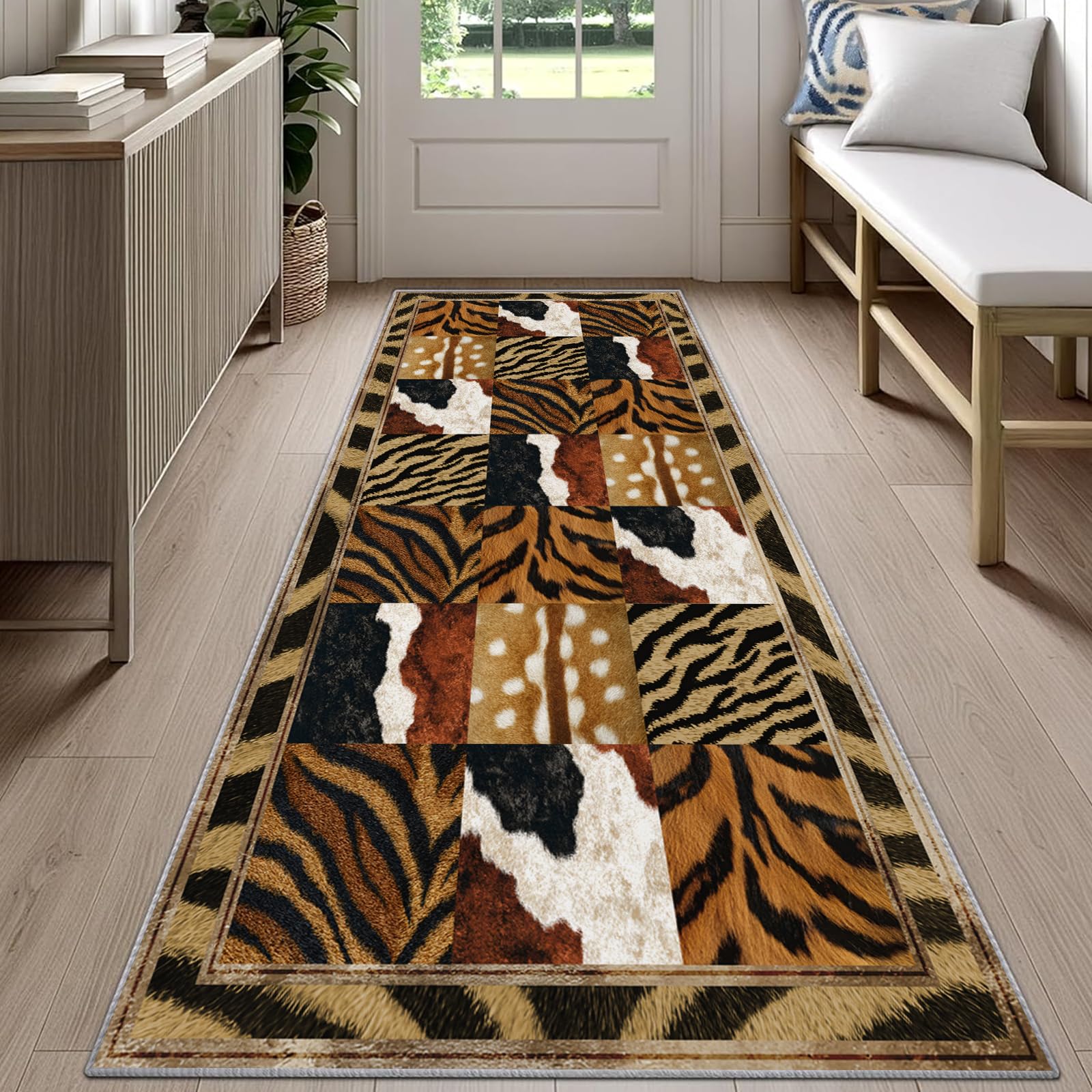 Rustic Cabin Cheetah Print Runner Rug for Hallway 60x180cm Tiger Print Carpet Runner, Leopard Patchwork Long Hall Carpet, Non-Slip Carpet for Kitchen Laundry Room Bedroom