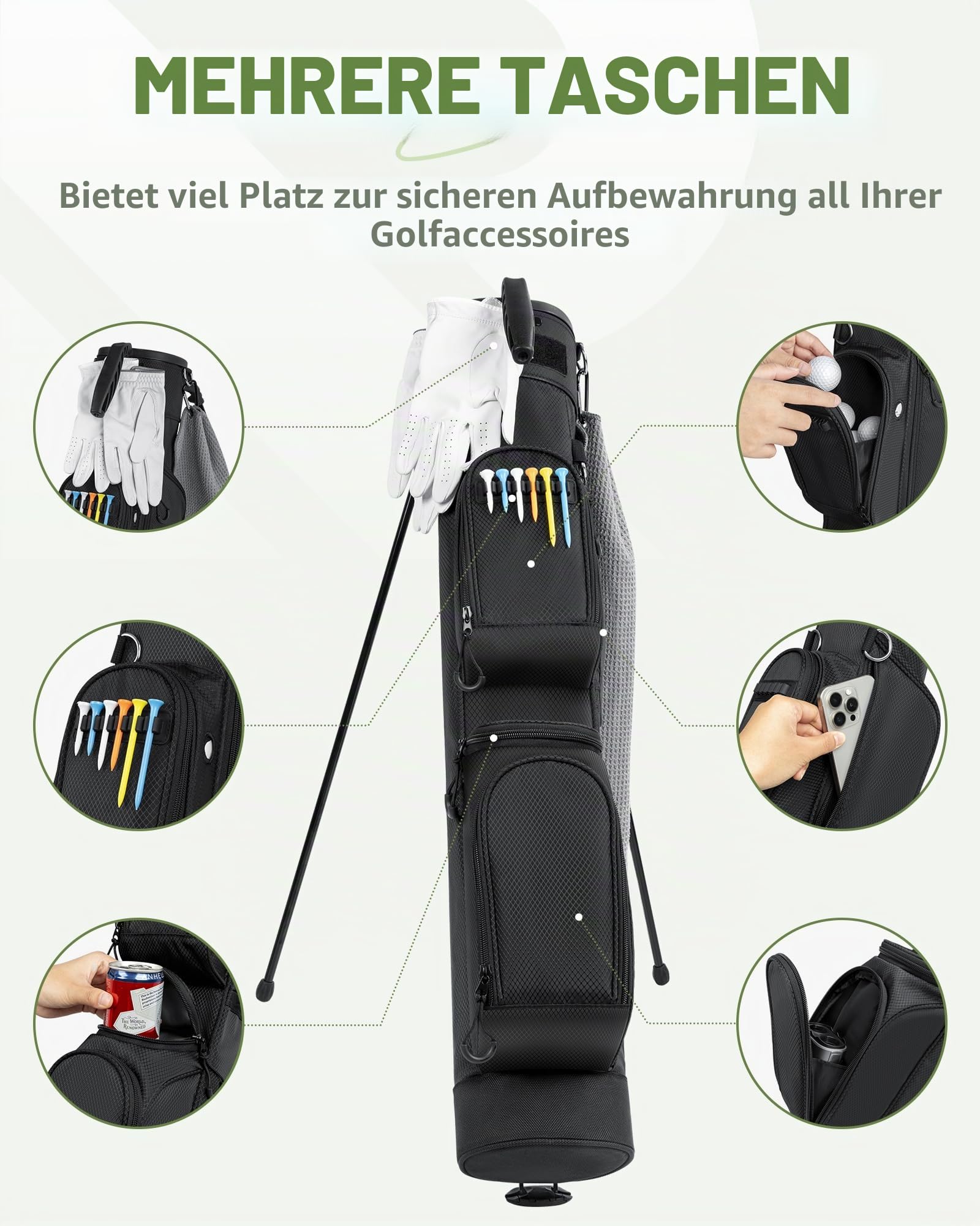 Golf Stand Bag Leicht, Golftasche für Bis zu 9 Schläger mit DREI Wege Trennwänden, Wasserdicht, Inkl Kühlbeutel, Ergonomischer Schultergurt Großes Staufach Unisex für Herren Damen