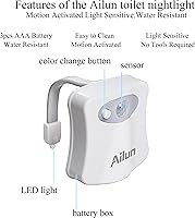 Vista 6 de Ailun Toilet Night Light Motion Activated LED Light 16 Colors Changing Toilet Bowl Illuminate Nightlight for Bathroom Battery Not Included Perfect