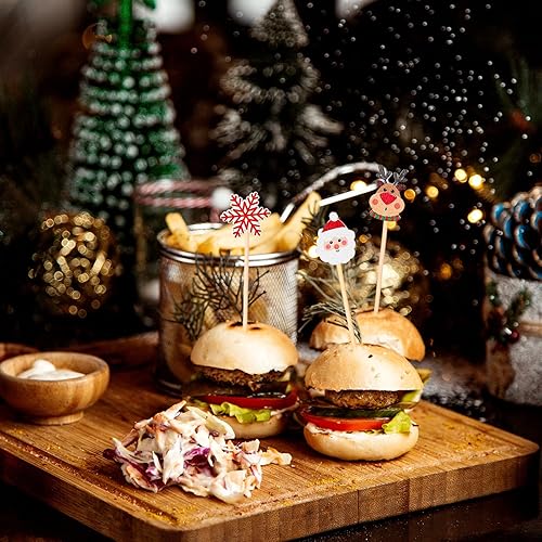 Vista 6 de Whaline 120Pcs Christmas Cocktail Picks 6 Styles Decorative Santa Elk Snowman Handmade Bamboo Toothpicks Merry Xmas Garnish Sticks for Appetizers