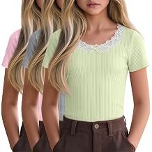 3 Pack Girls Short Sleeve Shirts Lace Trim Ribbed Plain T Shirts Kids Summer Crewneck Cute Bow Tees for 5-14 Years