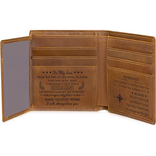 Engraved Mens Wallet Personalized Leather Wallet for Men Husband Dad Son Boyfriend Love Custom Gifts (Tri-fold wallet to my son)